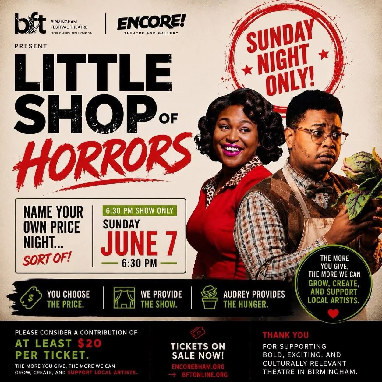 ONE performance remaining of Little Shop of Horrors and its pay what you can! Get your tickets now or at the box office. https://encorebham.ludus.com/200503186