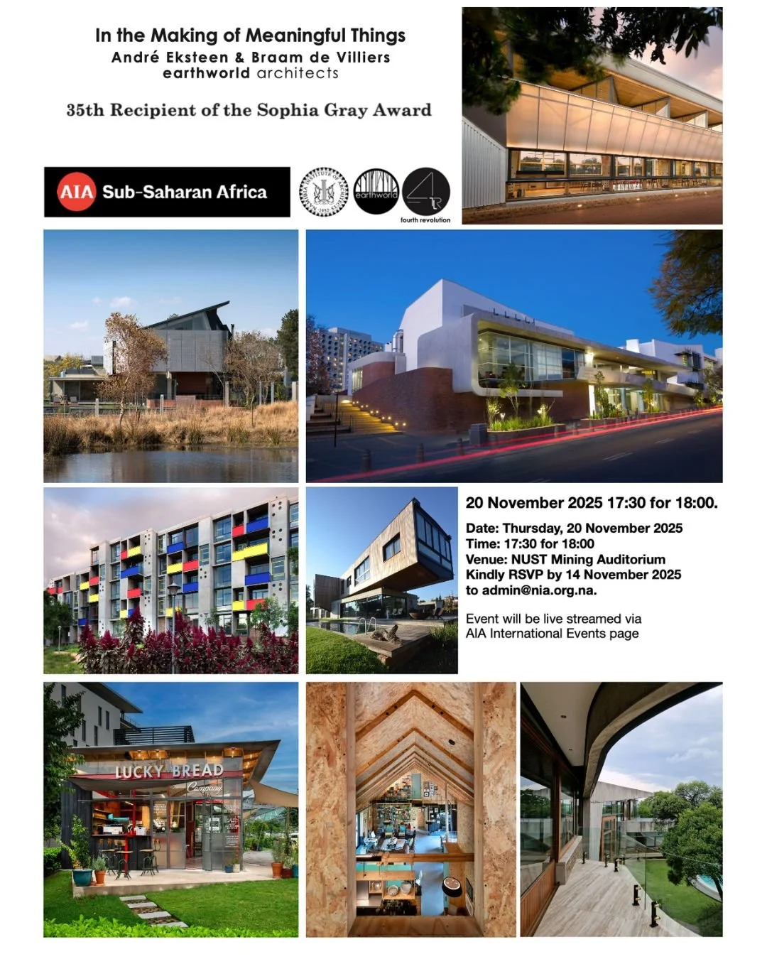 25 Years of Earthworld Architecture! 

Join @aia_subsaharanafrica for an inspiring lecture tracing Earthworld&rsquo;s 25-year architectural journey &mdash; from humble brick beginnings to innovative timber and modular designs.

Discover how the pract