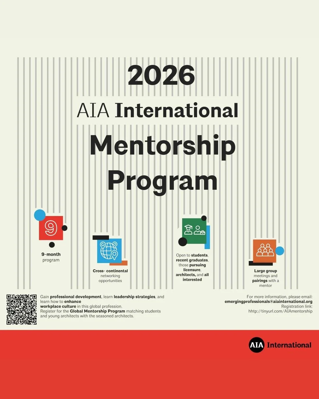 Join the AIA International Global Mentorship Program - Registration now open! &nbsp;

The theme of the 2026 AIA International Mentorship Program is Design by Discovery.&nbsp;

'To design is to experiment. By questioning norms and continuously testing
