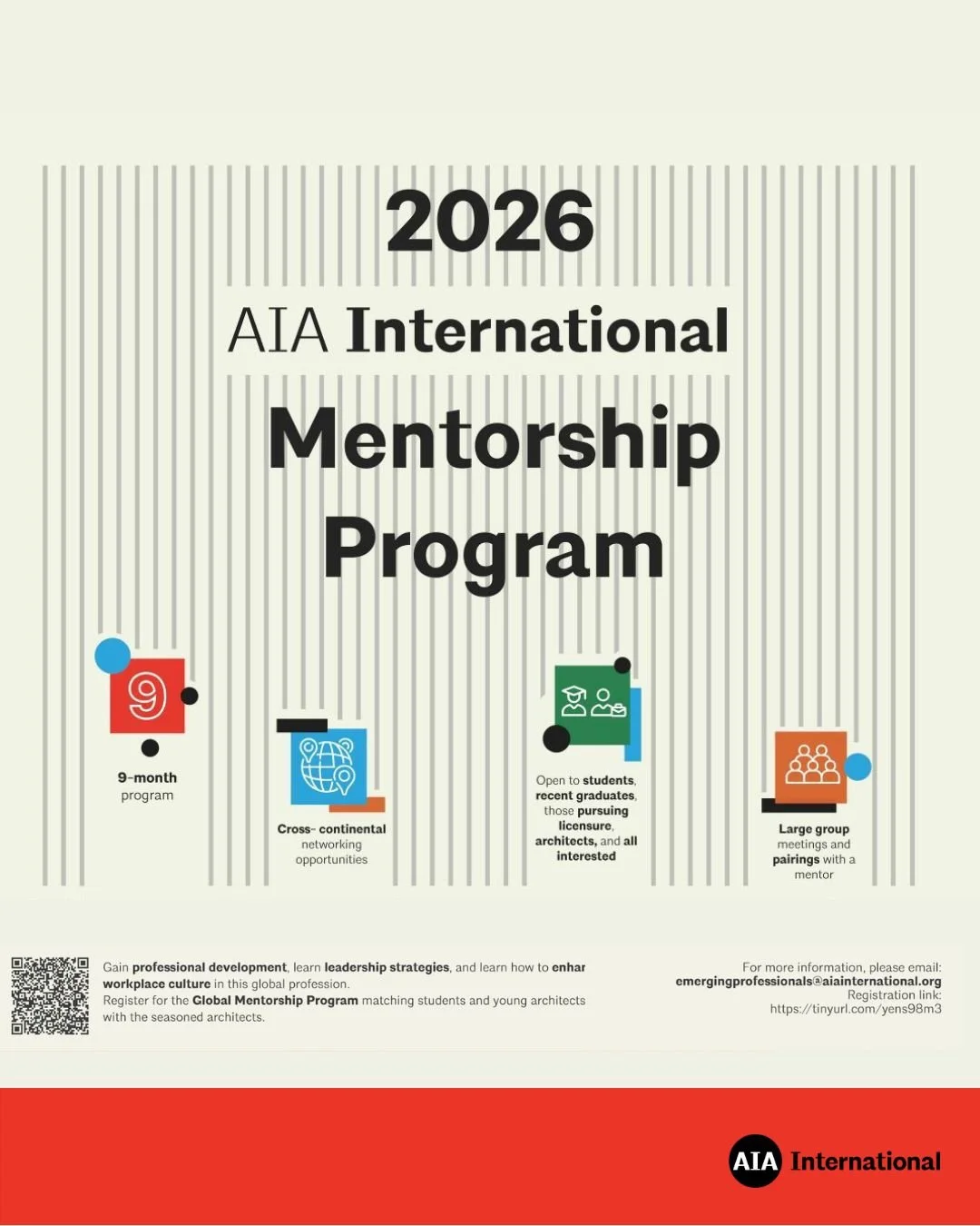 Join the AIA International Global Mentorship Program - Registration now open! &nbsp;

The theme of the 2026 AIA International Mentorship Program is Design by Discovery.&nbsp;

'To design is to experiment. By questioning norms and continuously testing