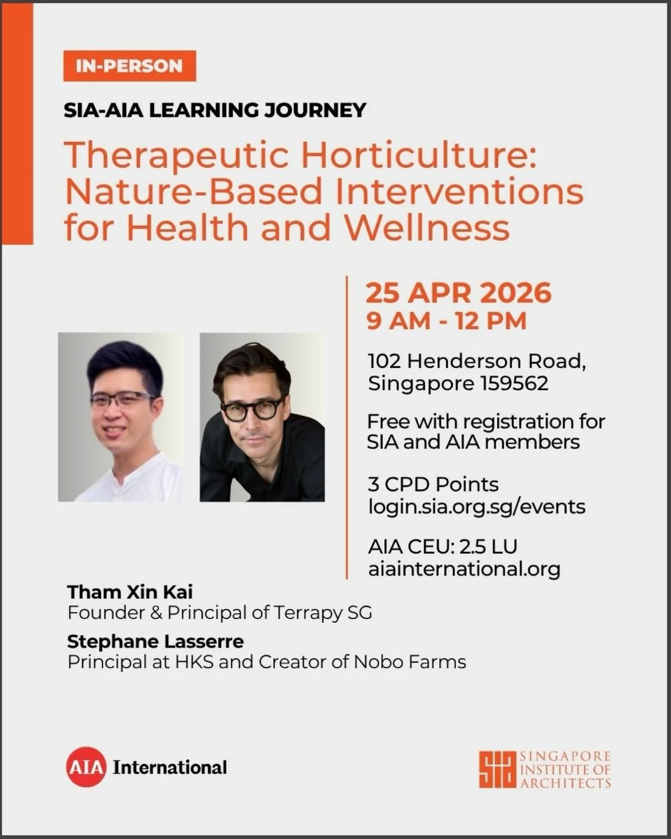 Join us in Singapore for an in-person session organised by AIA Southeast Asia and @singaporeinstituteofarchitects , exploring how nature-based design and urban systems can support well-being and resilience.

Featuring Tham Xin Kai of Terrapy SG @terr