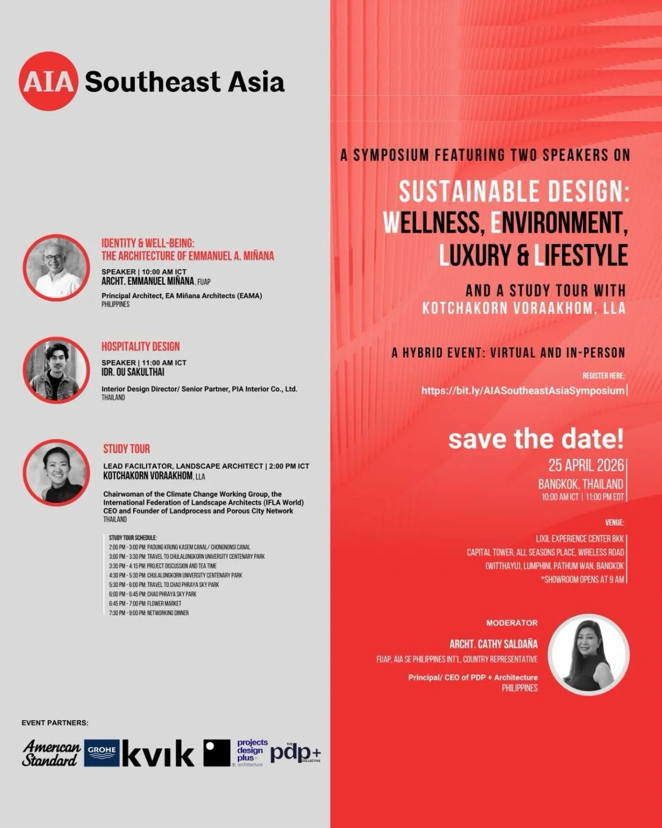 Join us for the next AIA Southeast Asia Symposium, exploring Sustainable Design: Wellness, Environment, Luxury &amp; Lifestyle 

Hybrid event: online/ LIXIL Experience Center Bangkok 

The program features two expert speakers in tropical architecture