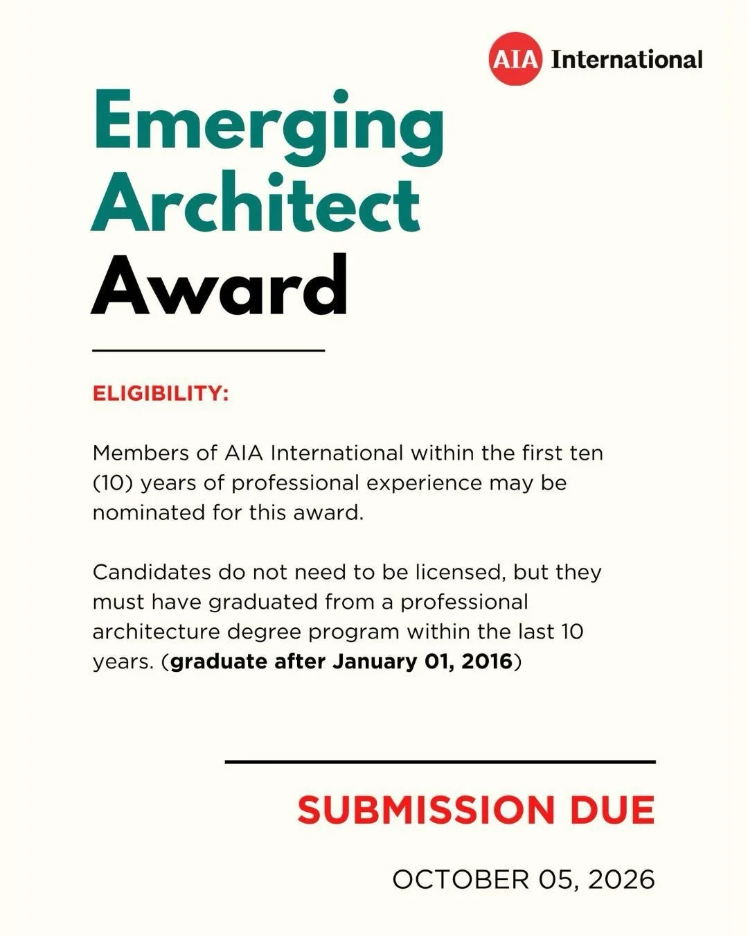 Submissions are now open!

AIA International is proud to launch the inaugural Emerging Architect Award, celebrating the outstanding achievements of early-career professionals who are shaping the future of architecture through leadership, design excel