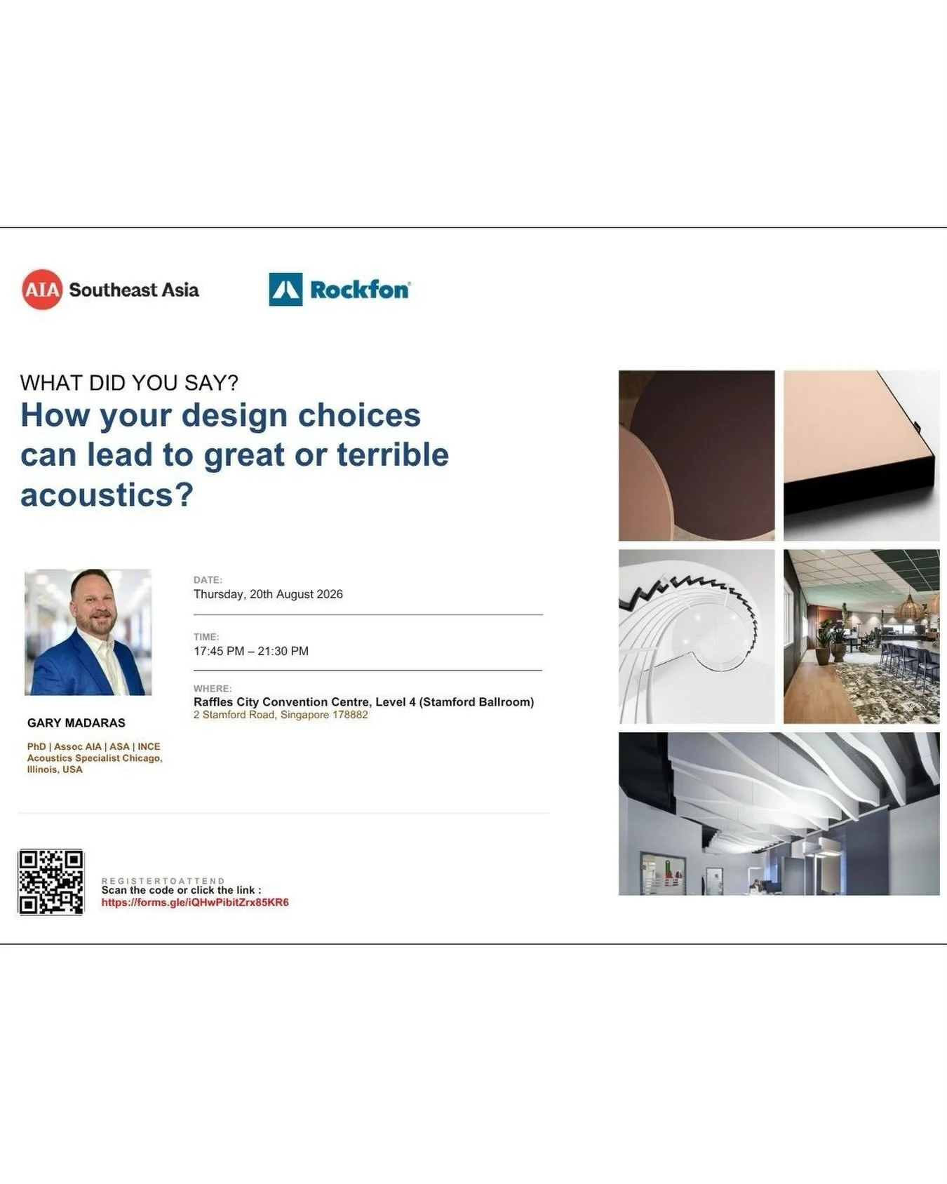 How do your design choices affect the way a space sounds?

Join us on Thursday, 20 August @17:45 Singapore time for a practical seminar with Dr. Gary Madaras, PhD, Assoc. AIA, ASA, INCE, Acoustics Specialist at Rockfon @rockfon_official 

Learn how c