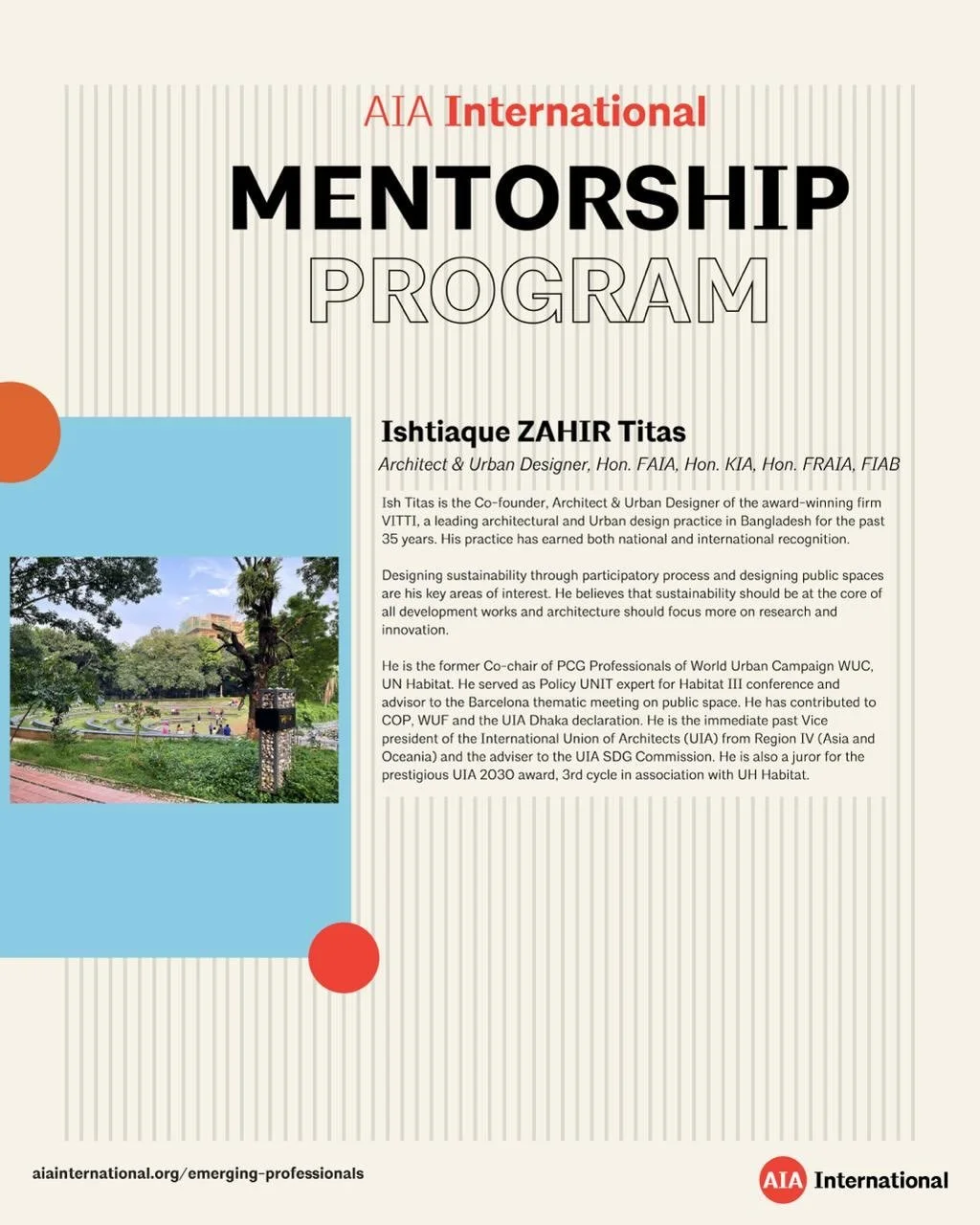 How can participatory design reshape public spaces?

Join the AIA International Global Mentorship Program for an online session with Ishtiaque Zahir Titas, Hon. FAIA, Hon. KIA, Hon. FRAIA, FIAB, Co-founder, Architect &amp; Urban Designer of VITTI in 