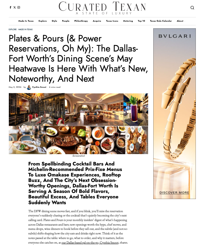 Dallas dining news on Curated Texan by freelance writer and lifestyle expert Cynthia Smoot