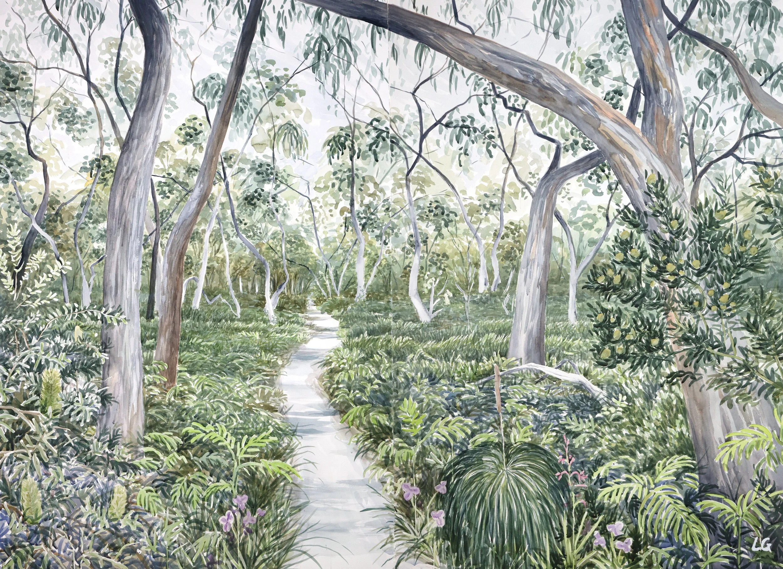 In the Bush (2022) Watercolour on cotton paper, 150 x 200cm (Diptych).