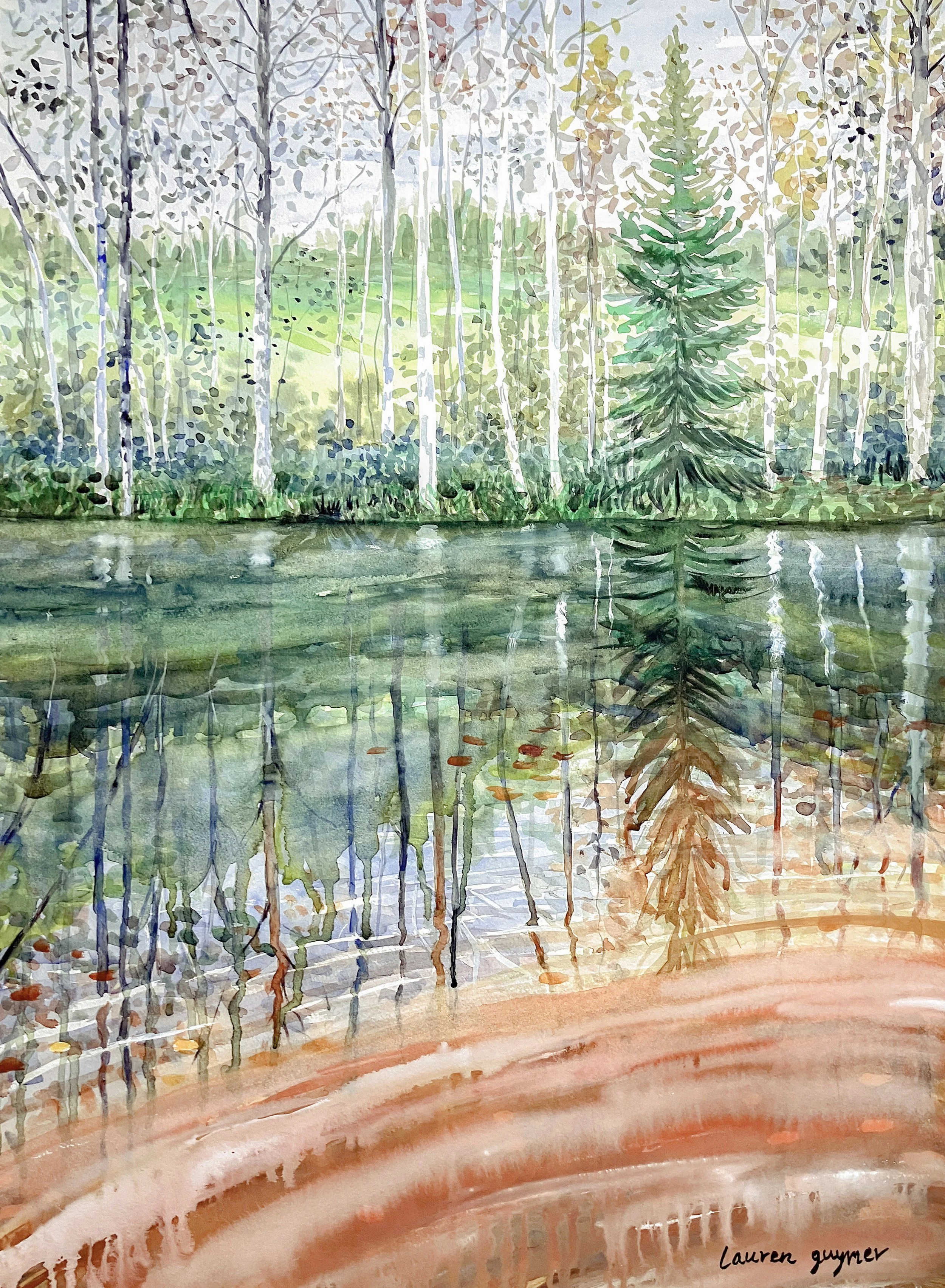 Birch Reflections (2024) Watercolour and gouache on cotton paper, 76 x 56cm.