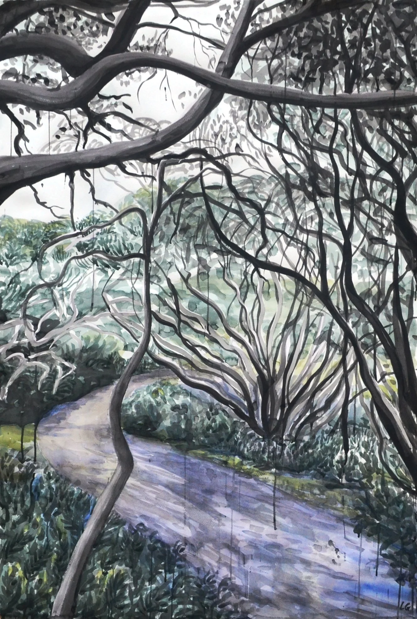  Under the Moonahs (2020)   Watercolour and Ink on cotton paper, 150 x 100 cm.