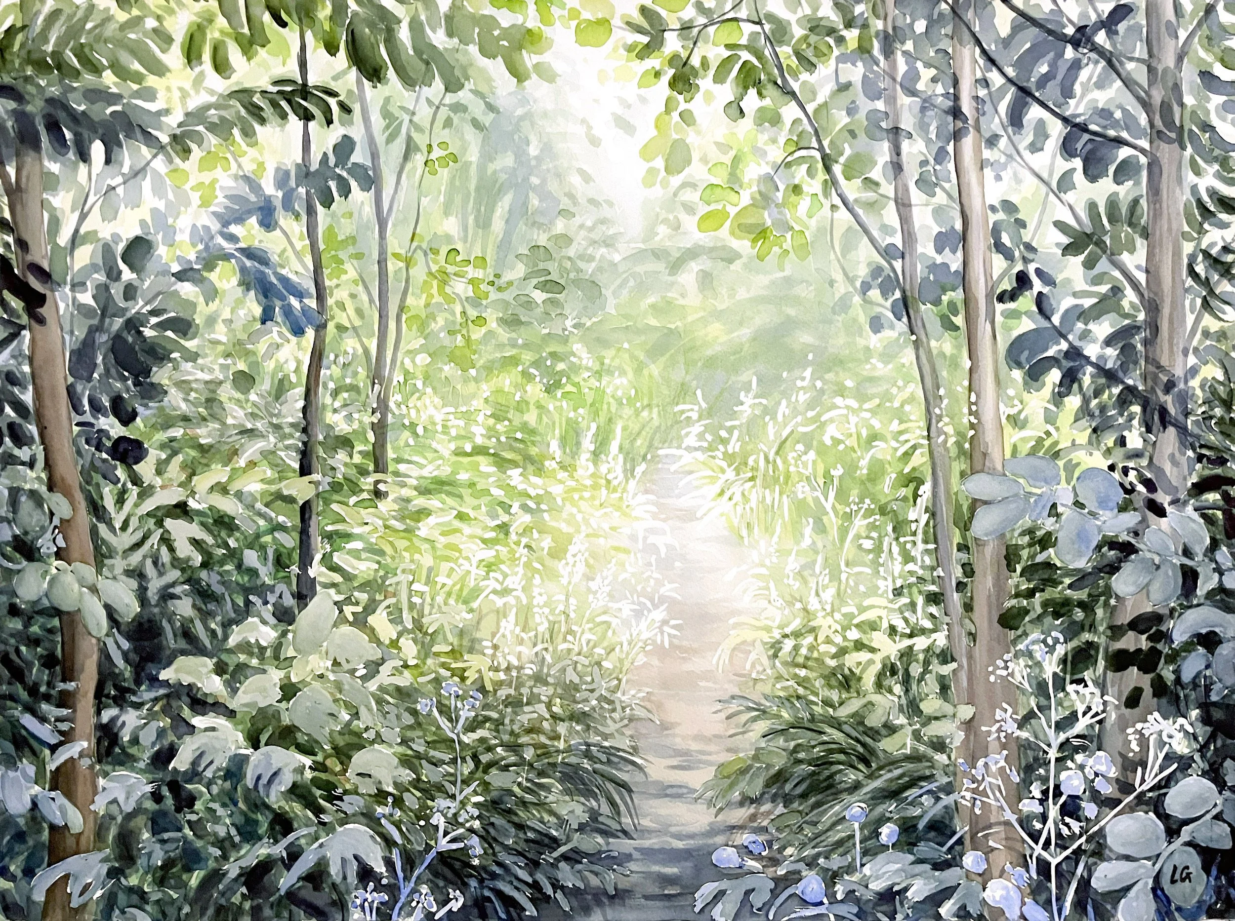  Beyond the Verdant Path  (2025)  Watercolour on cotton paper, 60 × 80 cm.
   Available - Submit purchase enquiry  