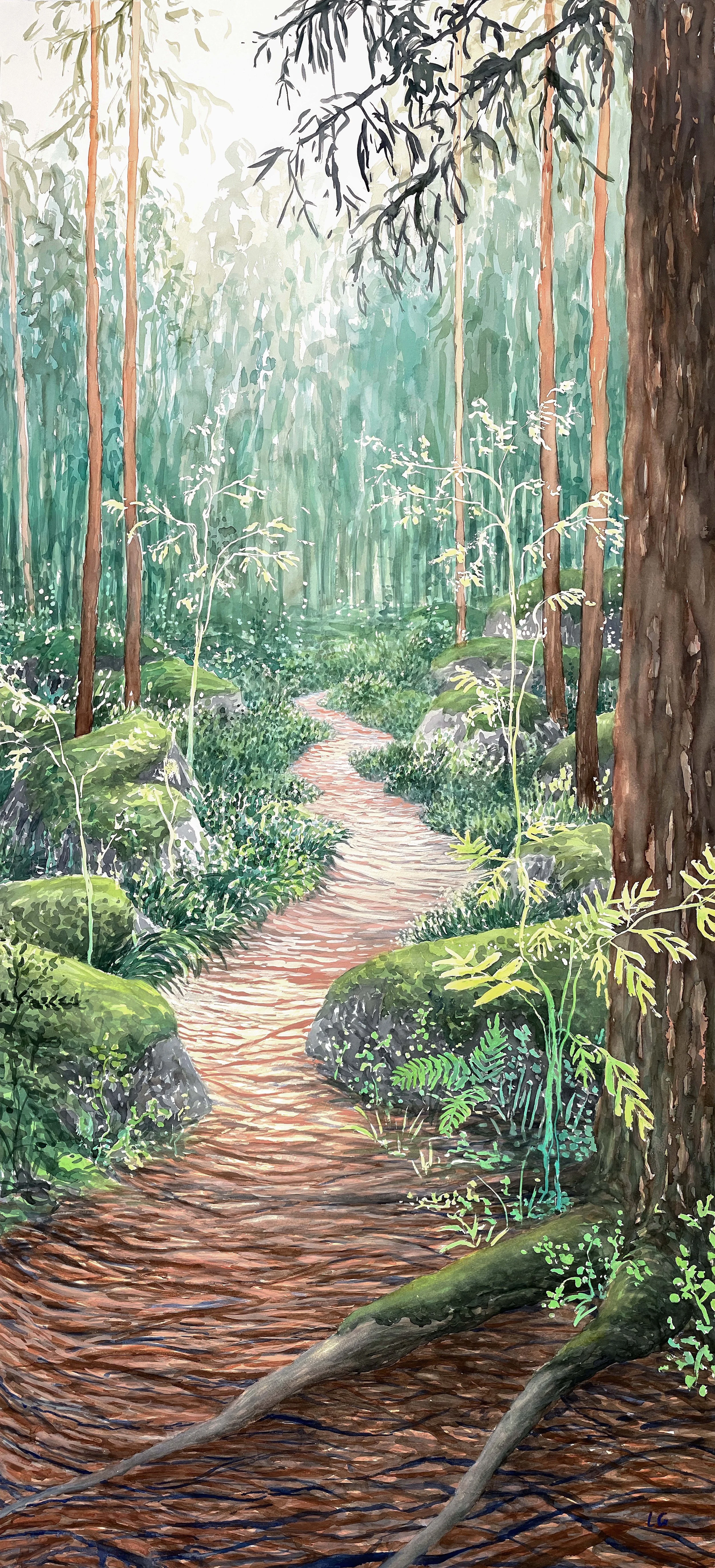  Through the Forest (2026)  Watercolour and gouache on cotton paper, 150 x 70 cm.