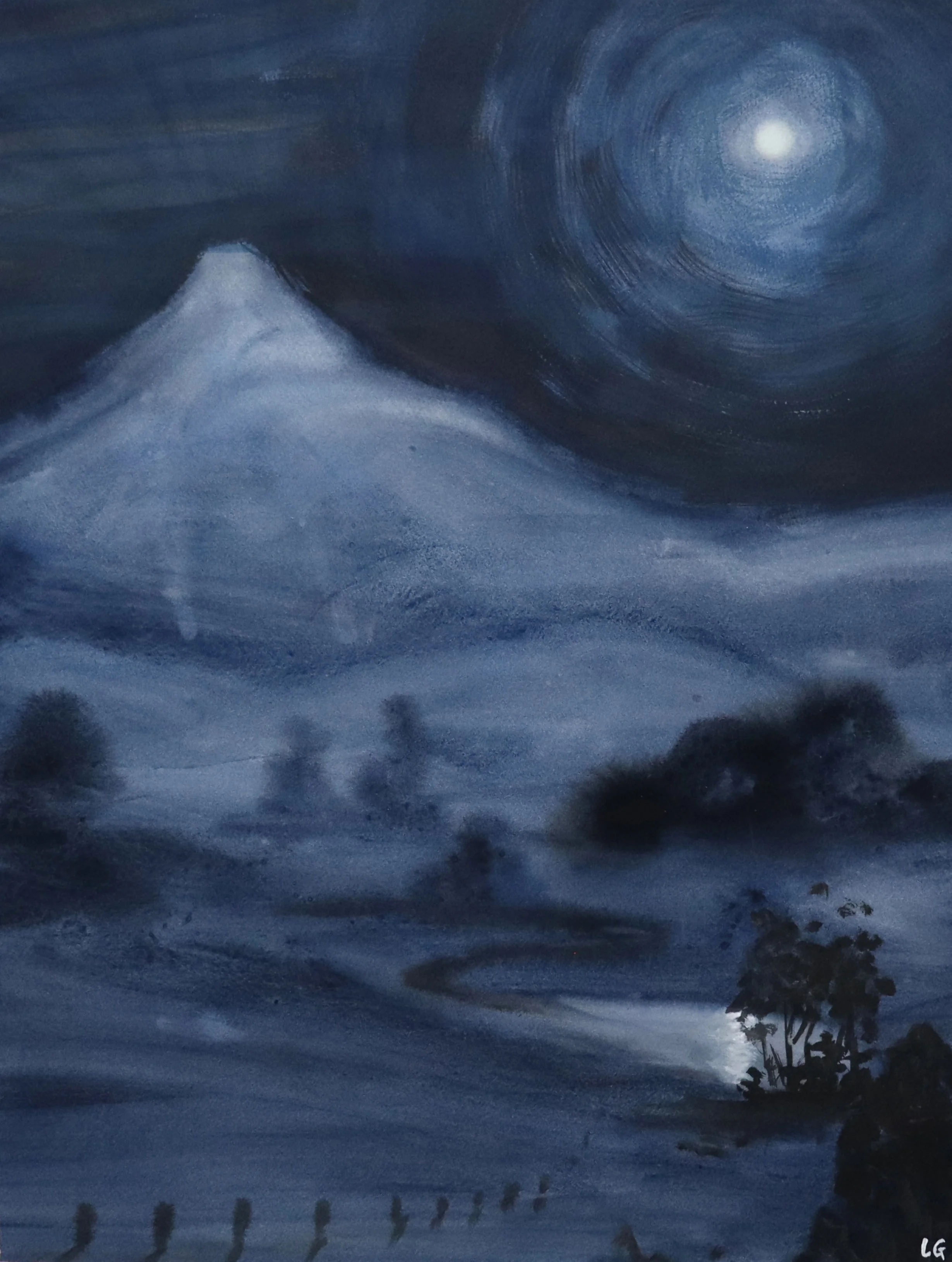 Wollumbin by Moonlight (2023) Ink and acrylic on cotton paper, 76 x 56cm.