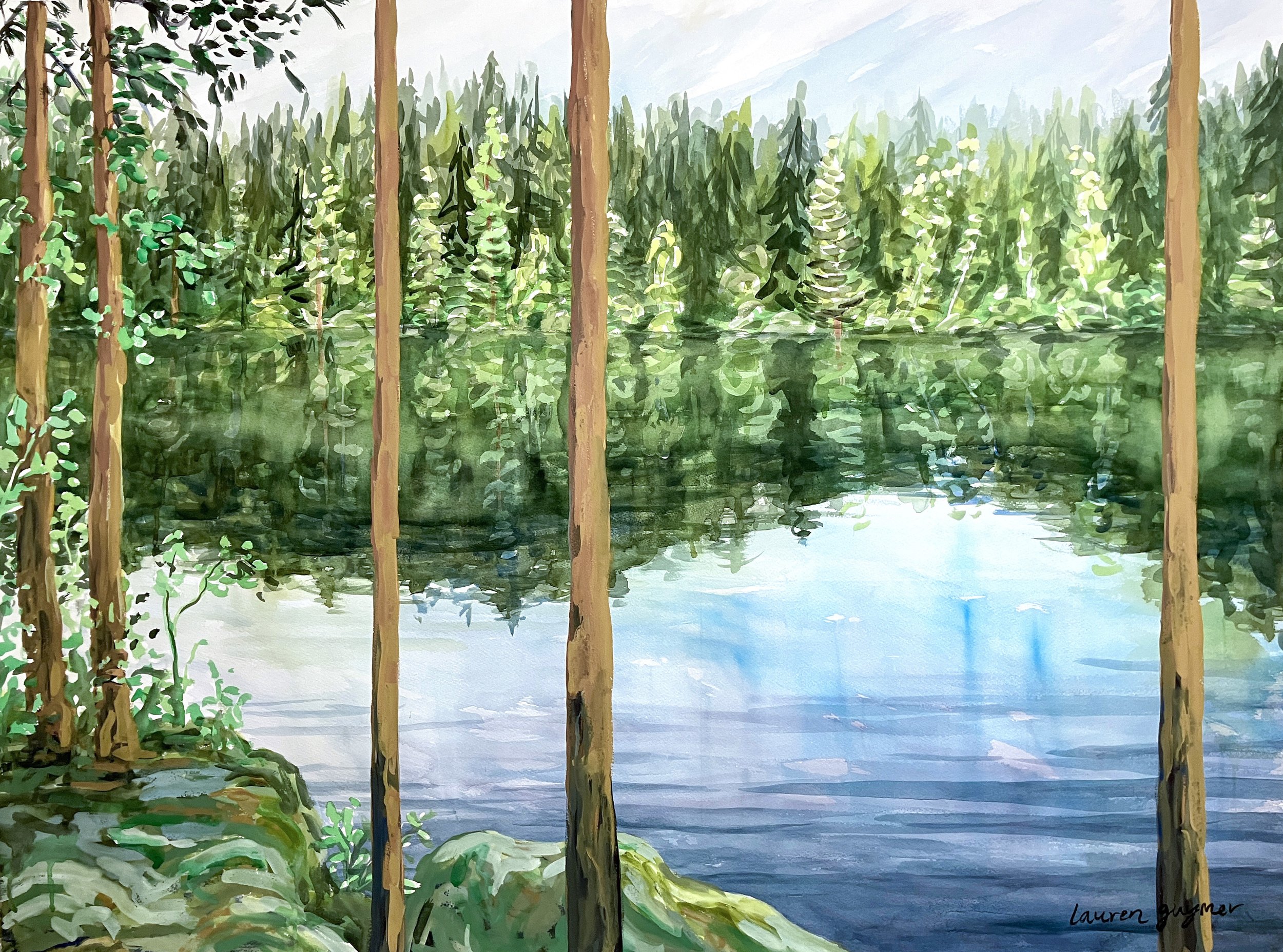  Summer Lake (2024)   Watercolour and gouache on cotton paper, 90 x 120cm