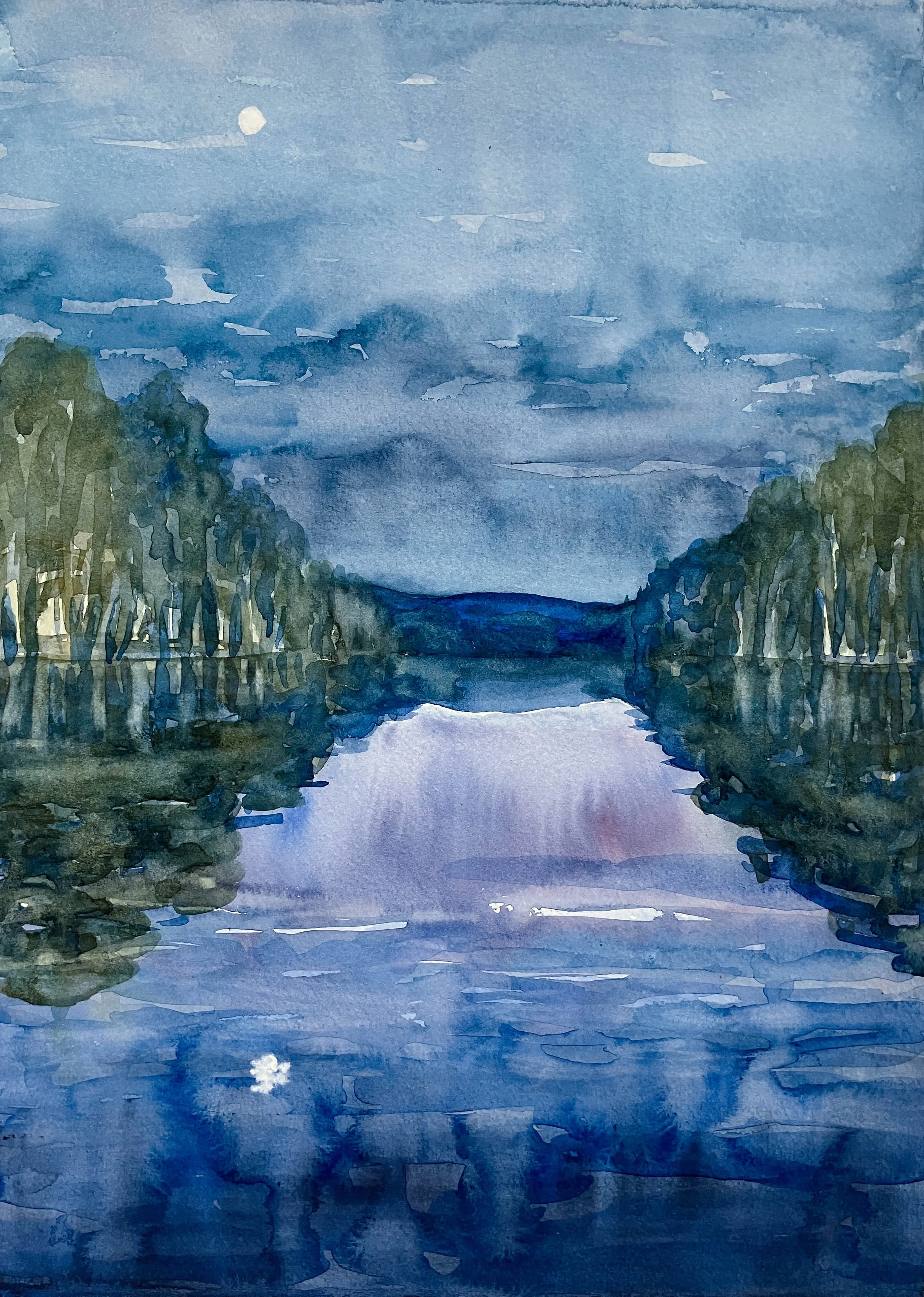  Blue Moon (2025)   Watercolour and gouache on cotton paper, 39 x 28cm.