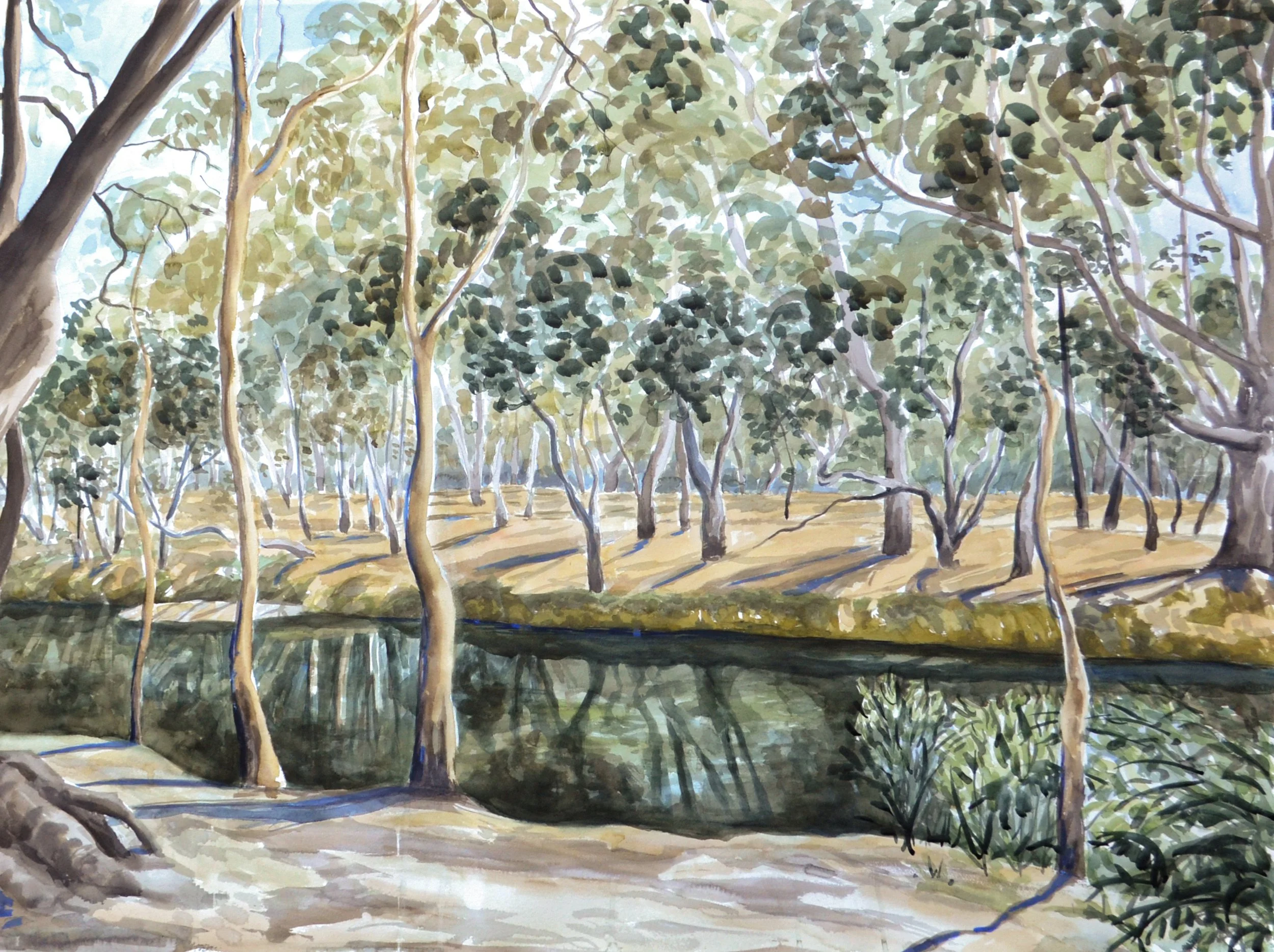 Along the Wimmera River (2021) Watercolour on cotton paper, 90 x 120cm.