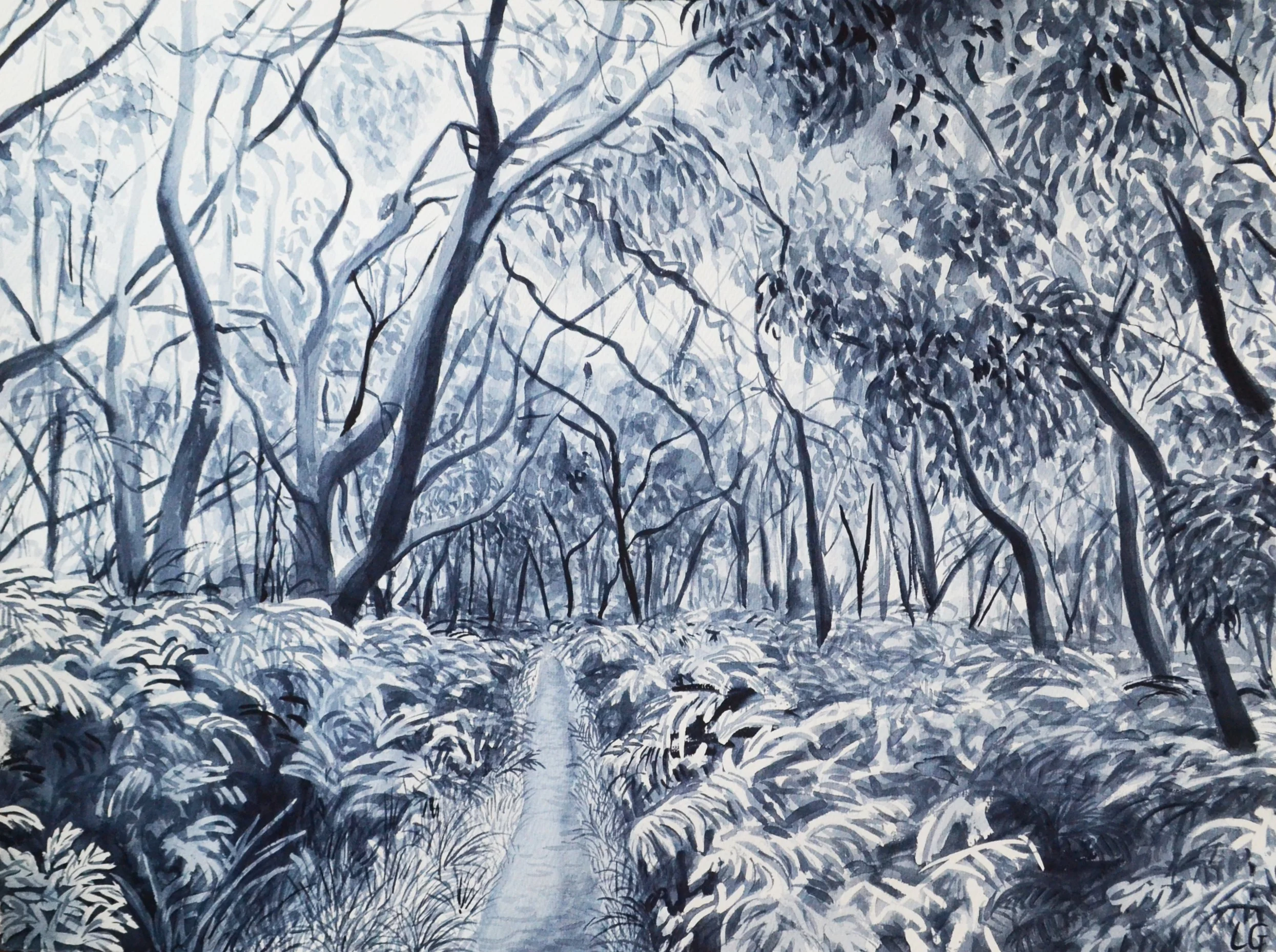 Trailing Through Greens Bush (2020) Watercolour on cotton paper, 56 x 76cm.