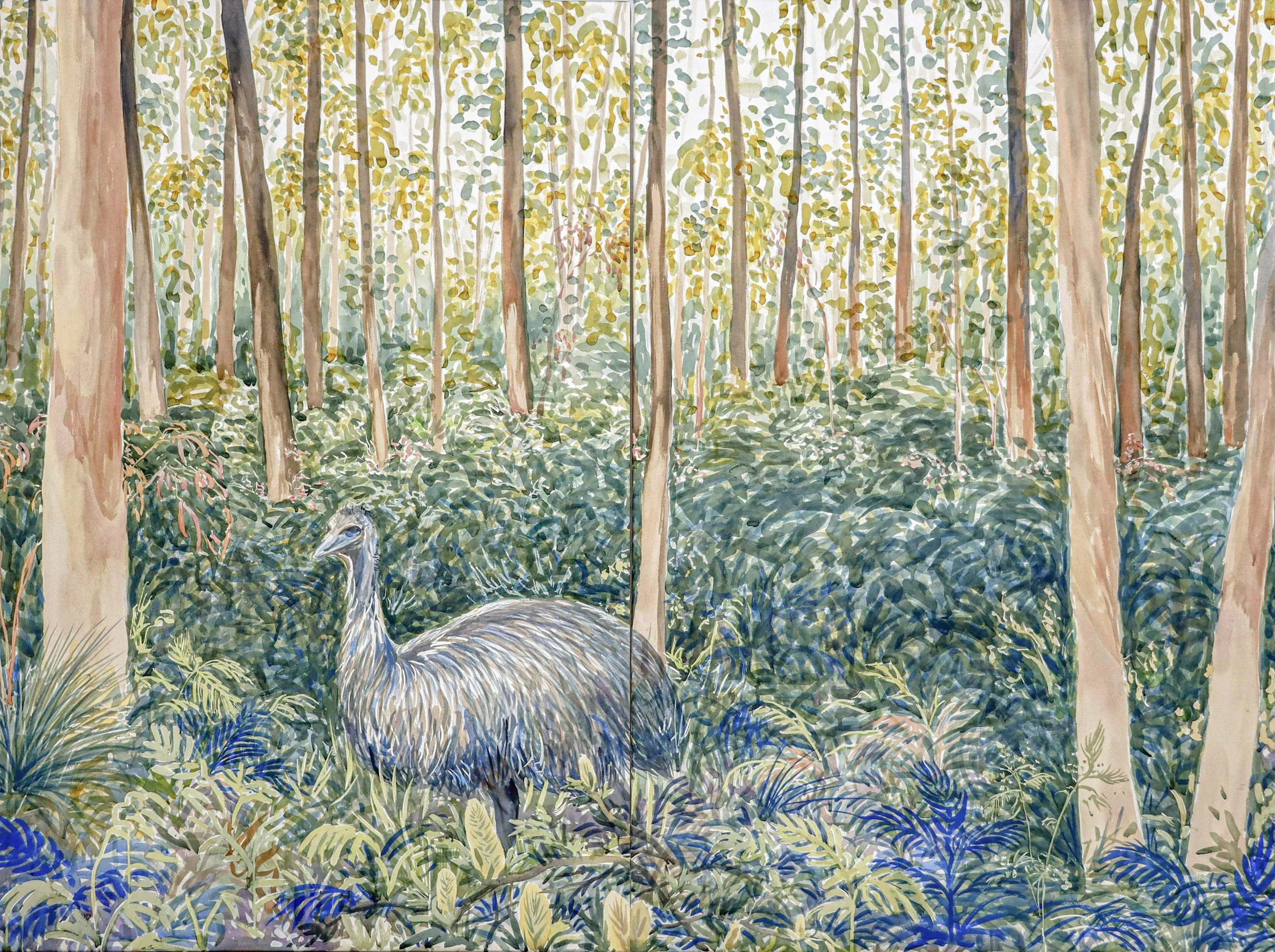 An Emu's Home (2022) Watercolour on cotton paper, 135 x 180cm (Diptych).