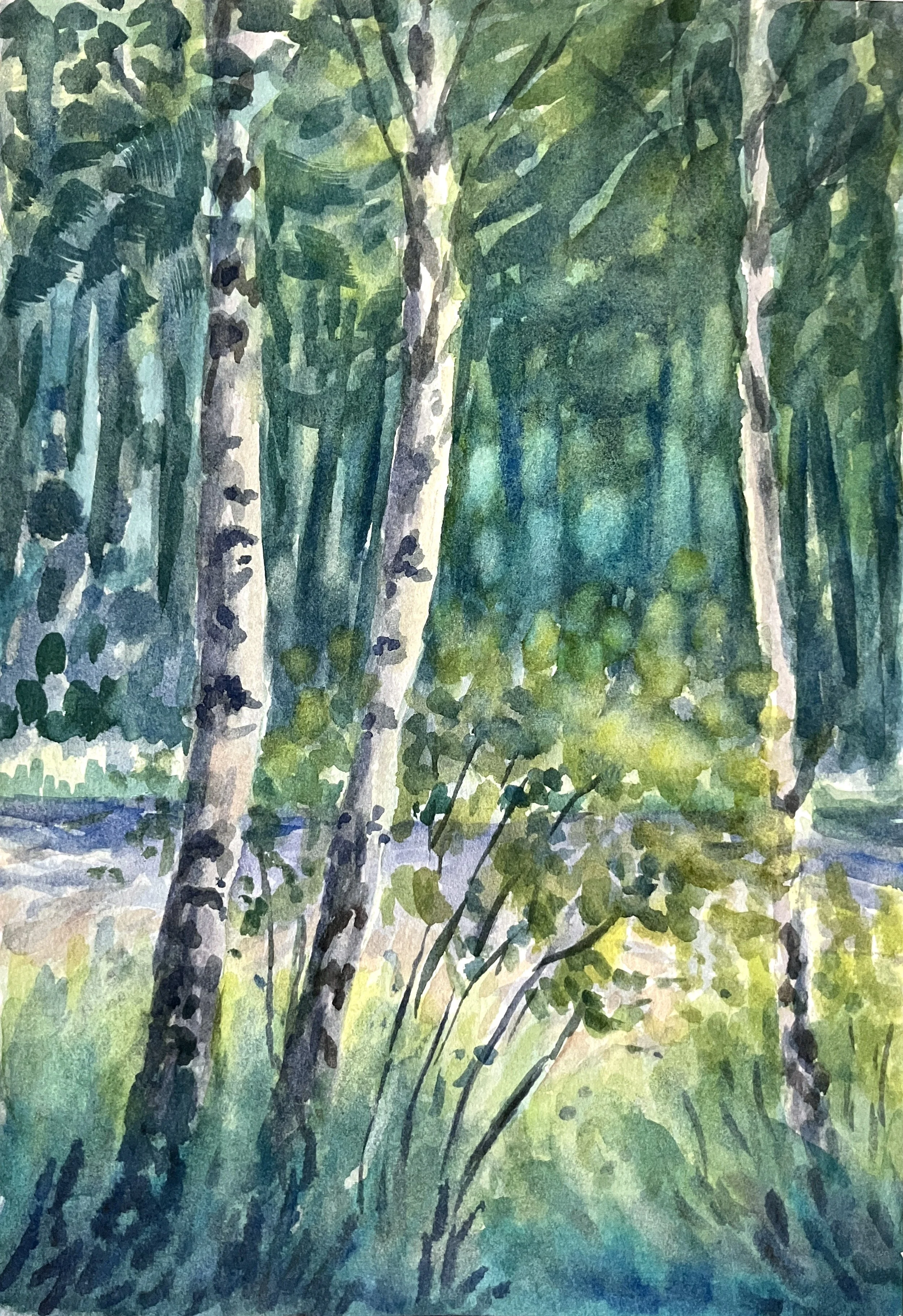  Through the Birch (2026)  Watercolour on cotton paper, 20 x 15 cm.