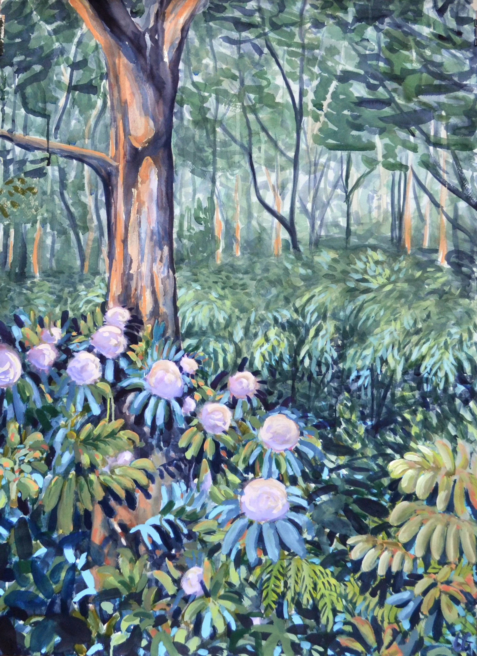 Rhododendrons (2021) Watercolour and gouache on cotton paper, 120 x 90cm.