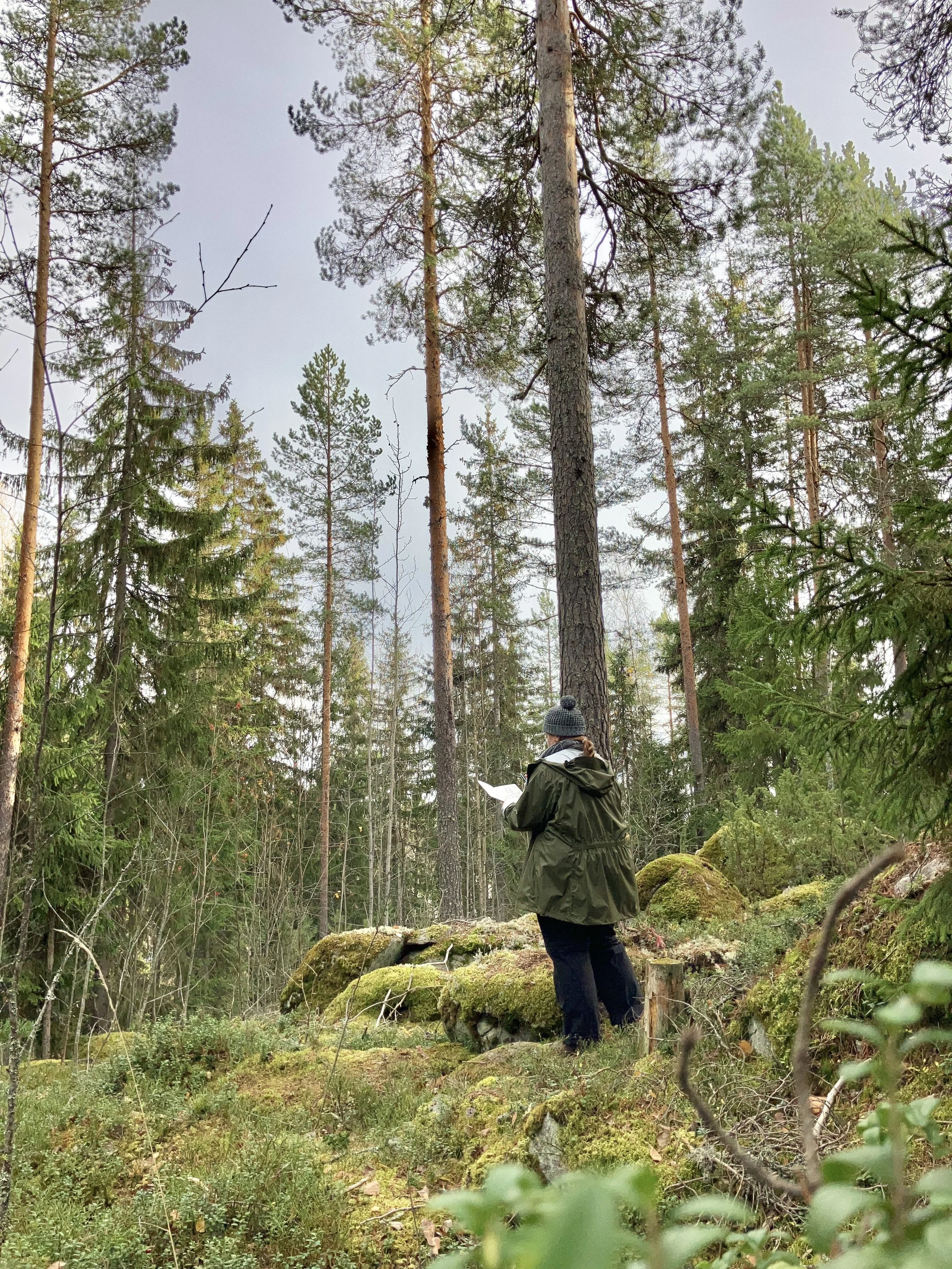 Lauren Guymer in a green jacket and knit hat stands among mossy rocks in a forest, reading a map.
