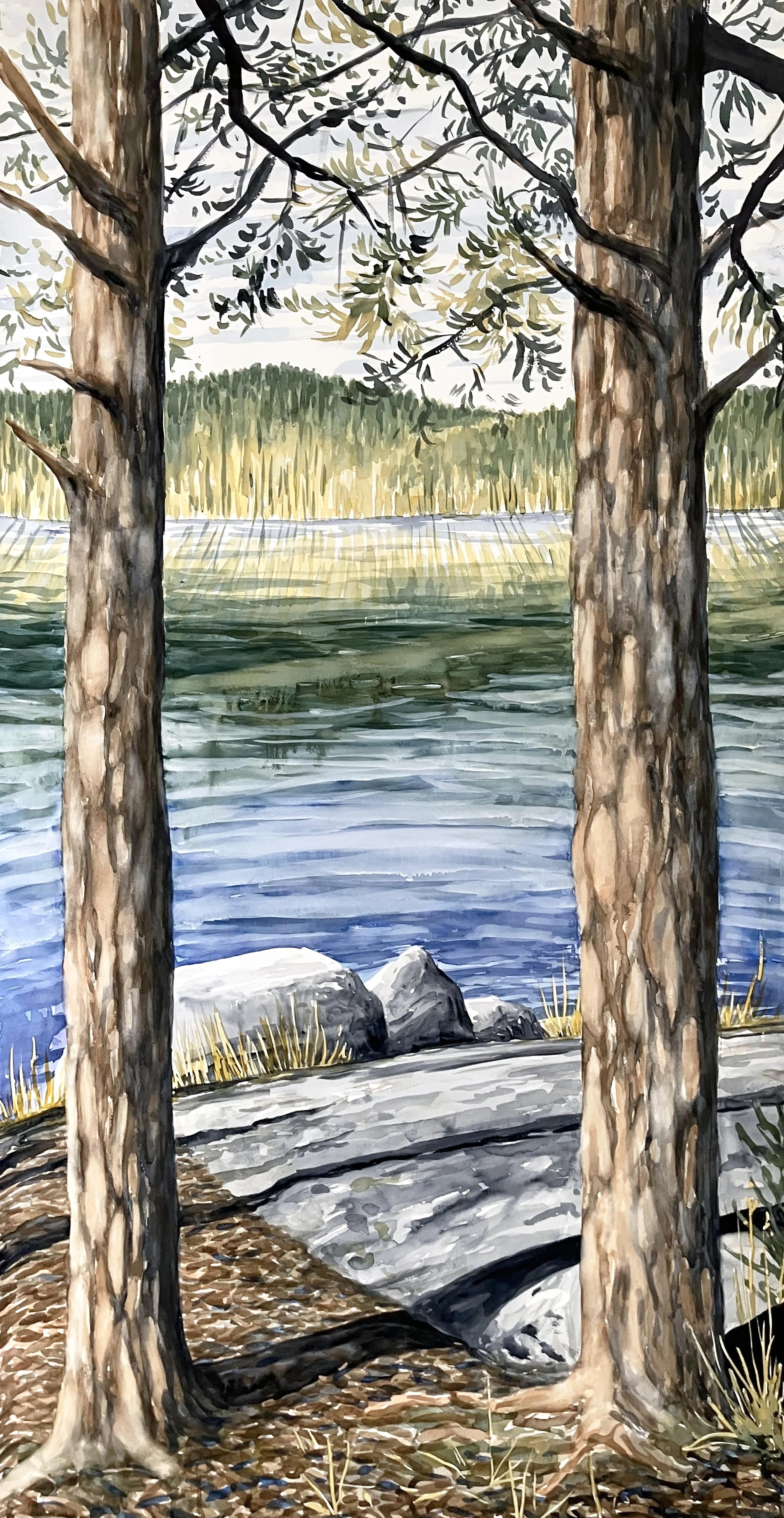 Lakeside at Golden Hour (2025) Watercolour and gouache on cotton paper, 150 × 80cm.