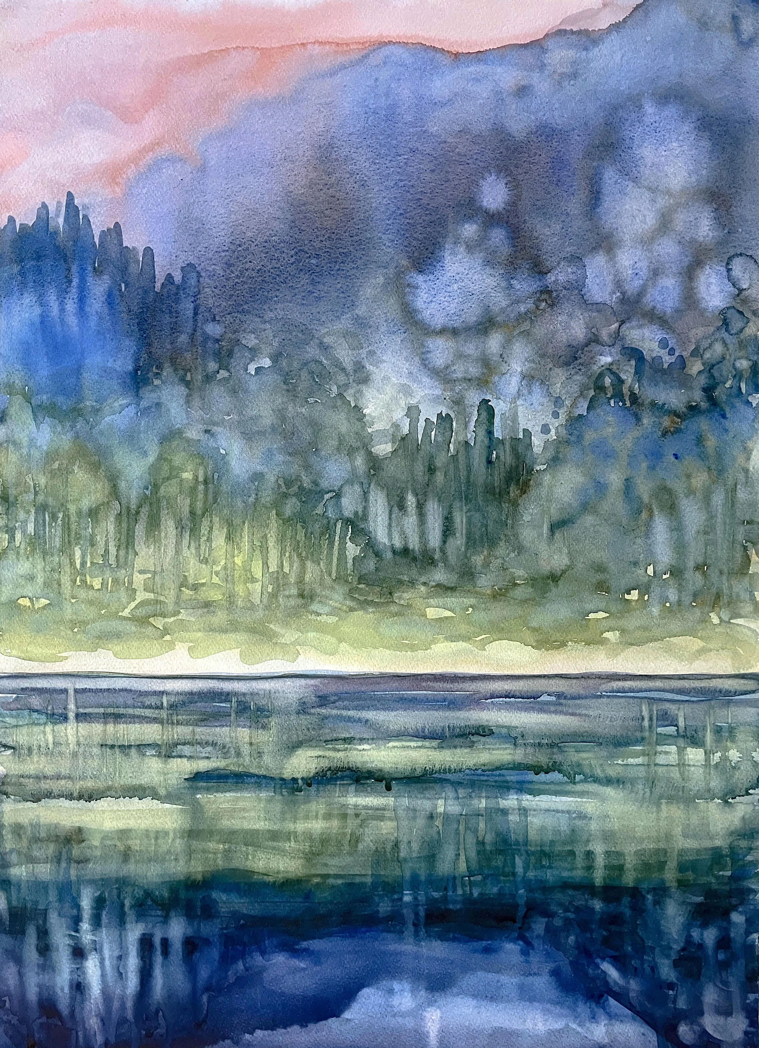  Blue Valley Reflections (2025)   Watercolour on cotton paper, 76 x 56 cm.