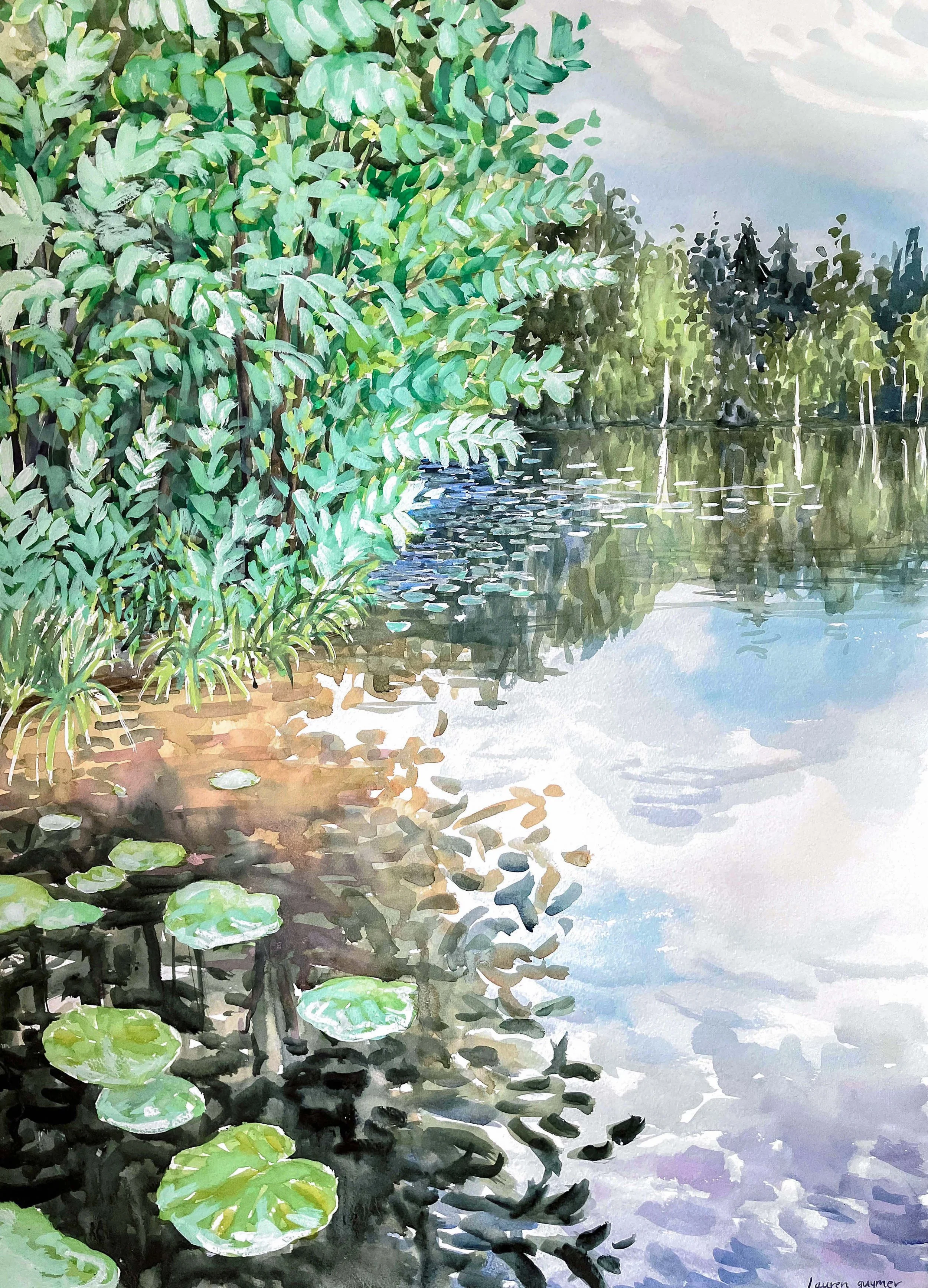 Lake of Light and Lilies (2024)   Watercolour and gouache on cotton paper, 76 x 56cm.
   Available - Click to purchase (link)  