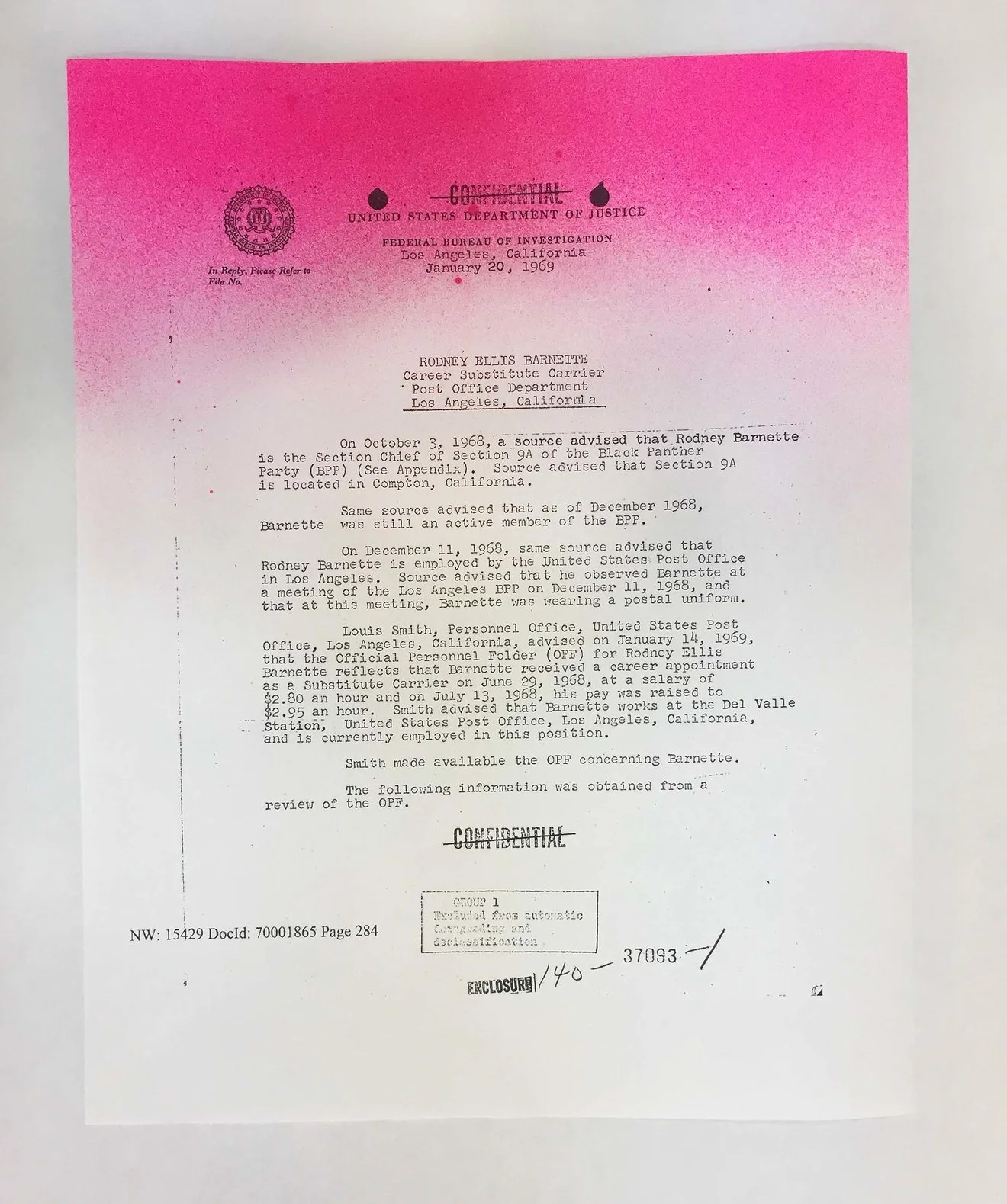 Sadie Barnette, selection from My Father's FBI File, Government Employees installation , 2017. Courtesy the artist, Charlie James Gallery, Los Angeles, and Fort Gansevoort, New York