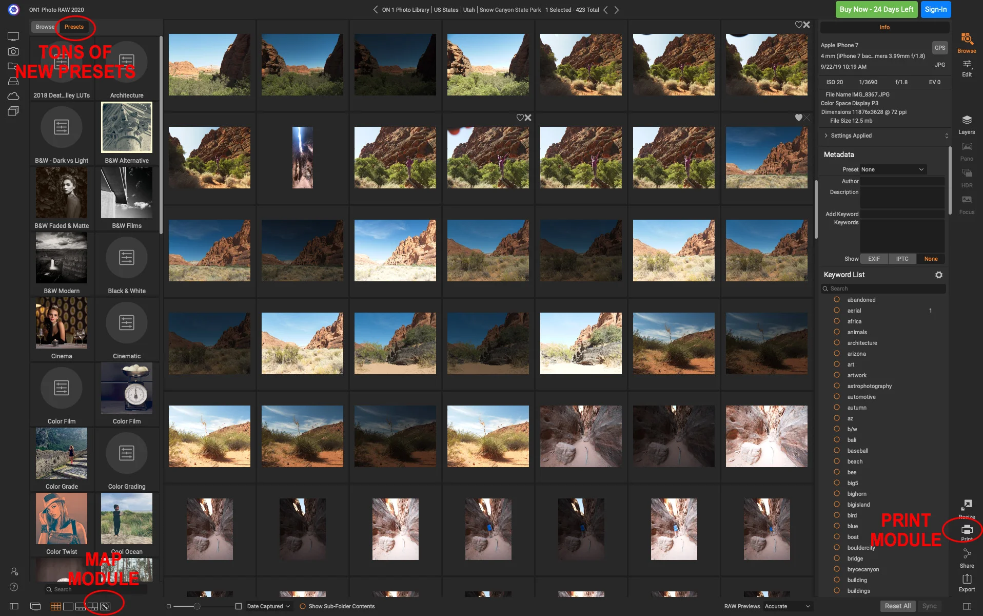The Browse Module of ON1 Photo Raw 2020 showing some of the new features you’ll notice when installing for the first time