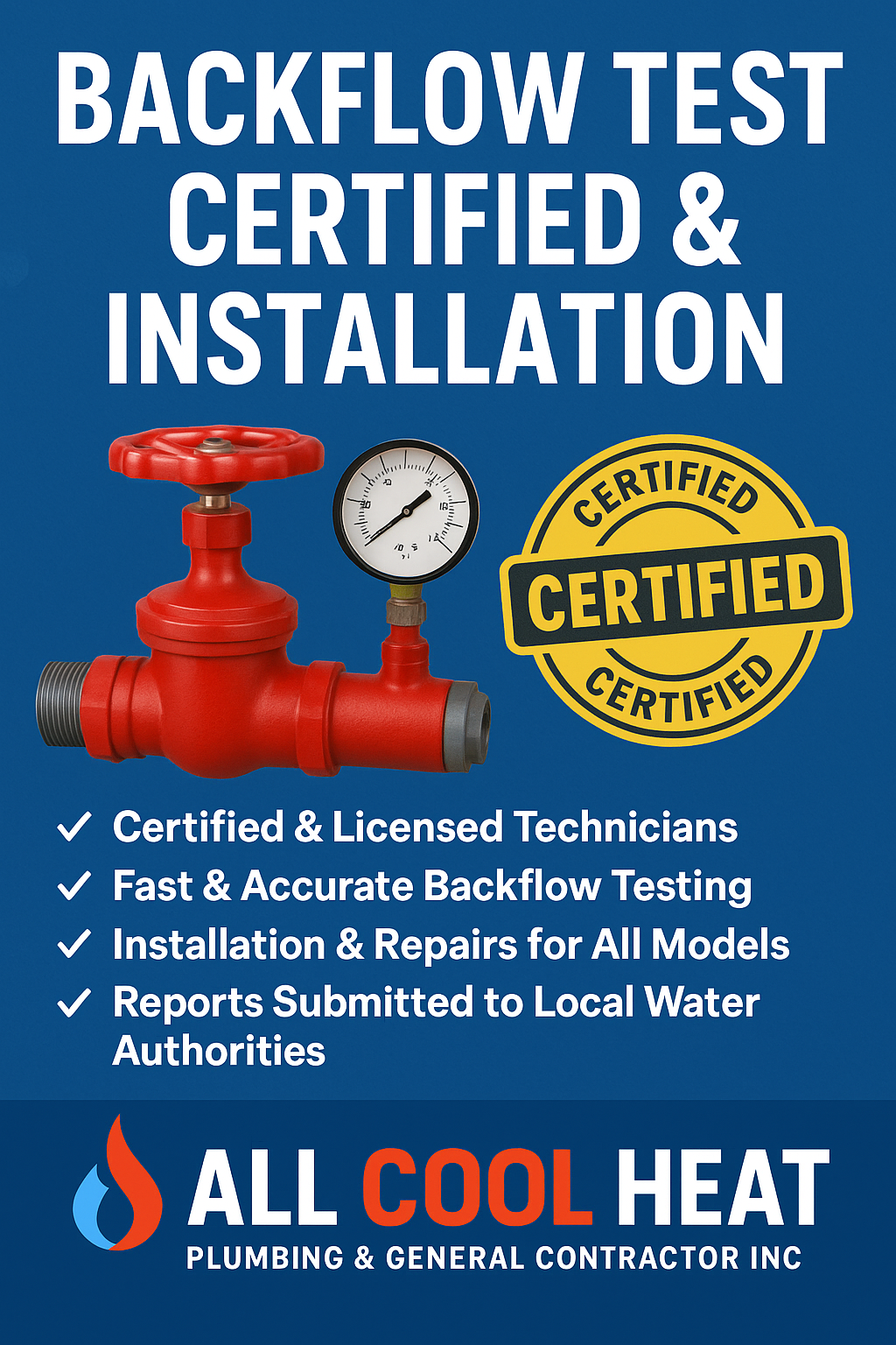 Backflow Preventer annual certification test, Backflow replacement near you