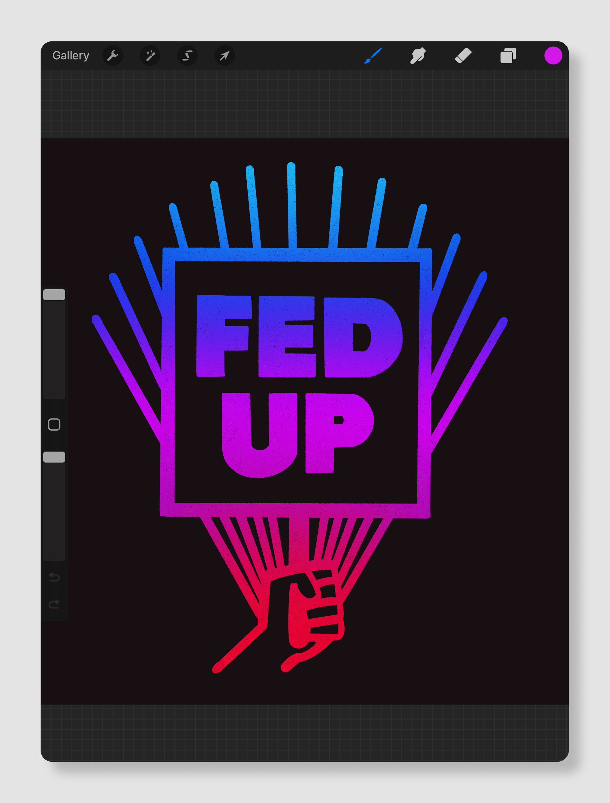 Procreate canvas with “Fed Up” logo in a gradient of colors from red to pink to purple to blue on a black background