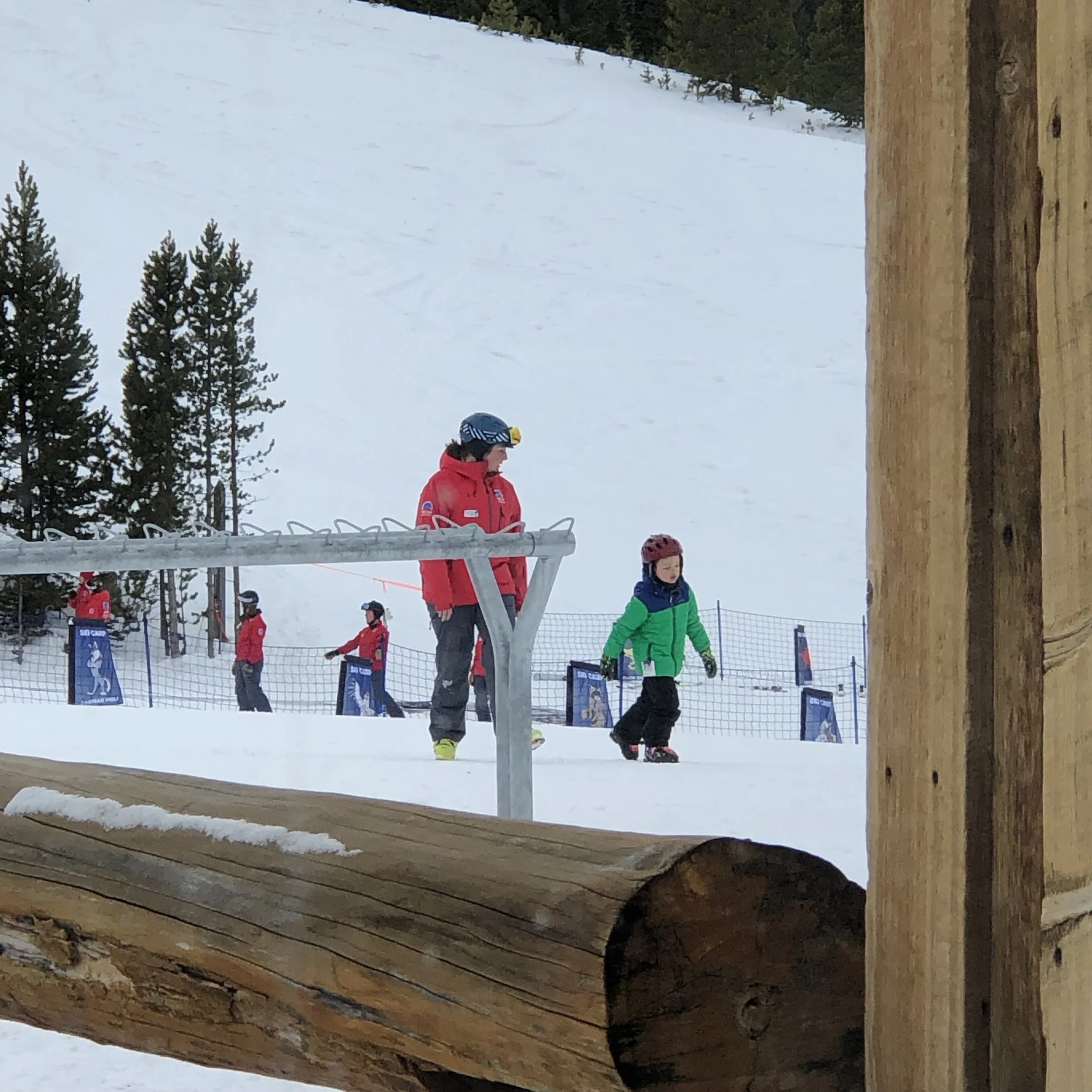 Leo is easy to spot in his green ski jacket.