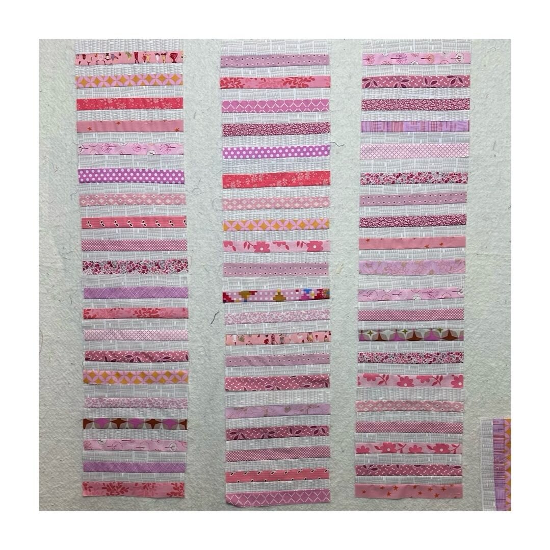 I made some progress on Project 5 (for those following The List 😉) and added 12 blocks (strips of 10) to the design wall. Not shown are many other pink and tan strips waiting to be pressed or sewn to other pink and tan strips 😃 

#readbetweenthelin