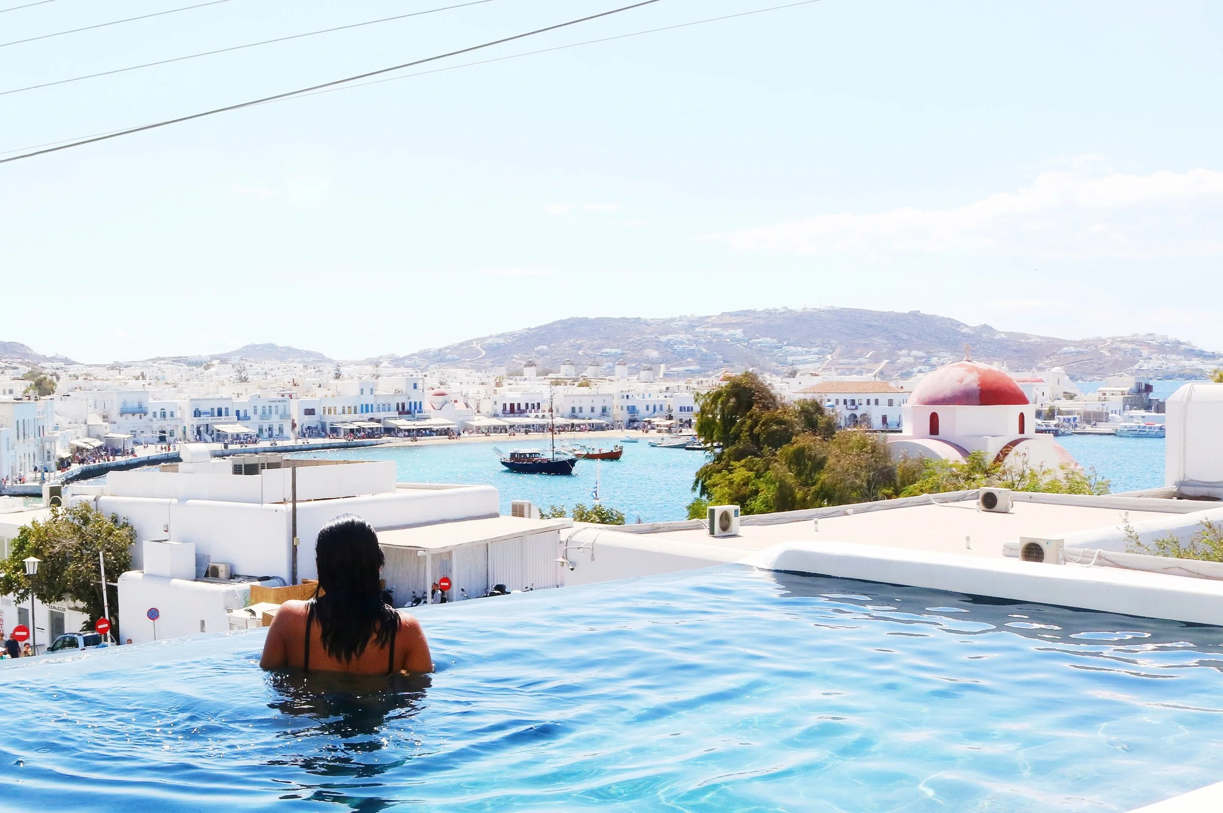 The poolside view at MyCocoon Hostel Mykonos