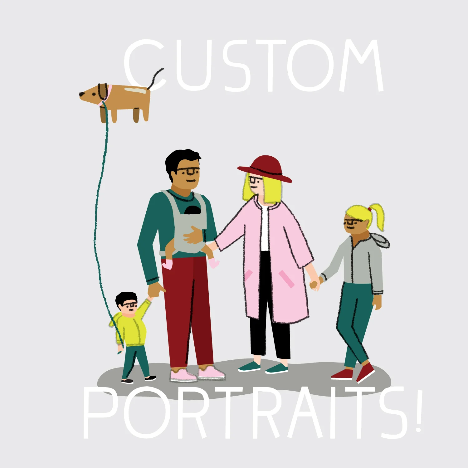 Example of a full color portrait with 4 people. This would be $350. Small babies, like the one above, can be tucked into the cost of illustration if commission is over $300.