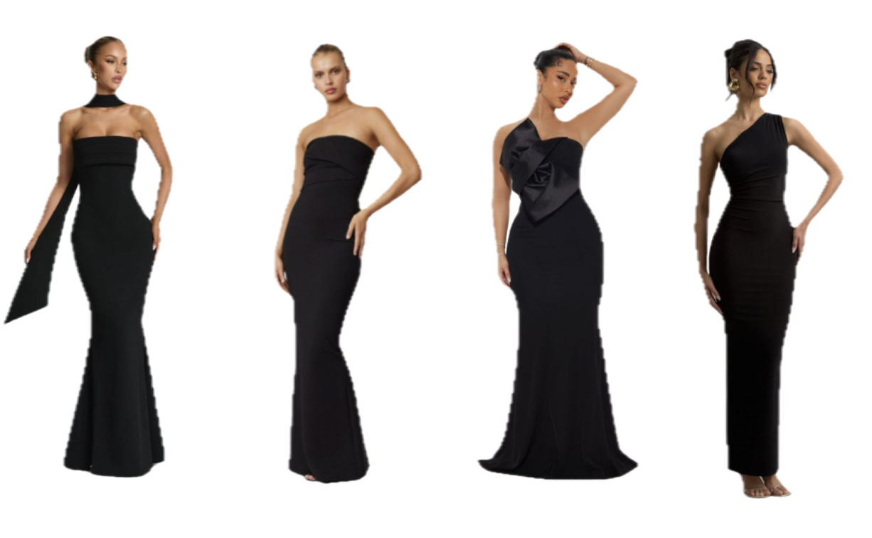 Four women wearing black formal evening gowns, standing in a line against a white background.