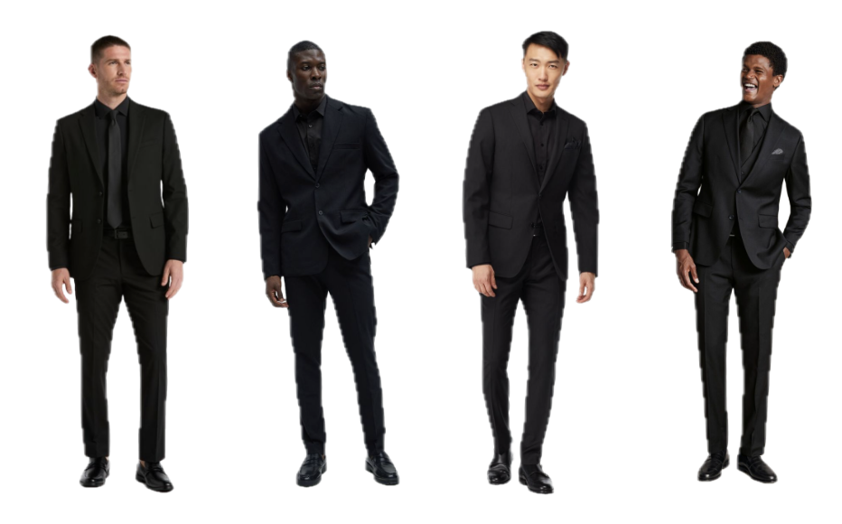 Four men in black suits and ties standing against a white background.