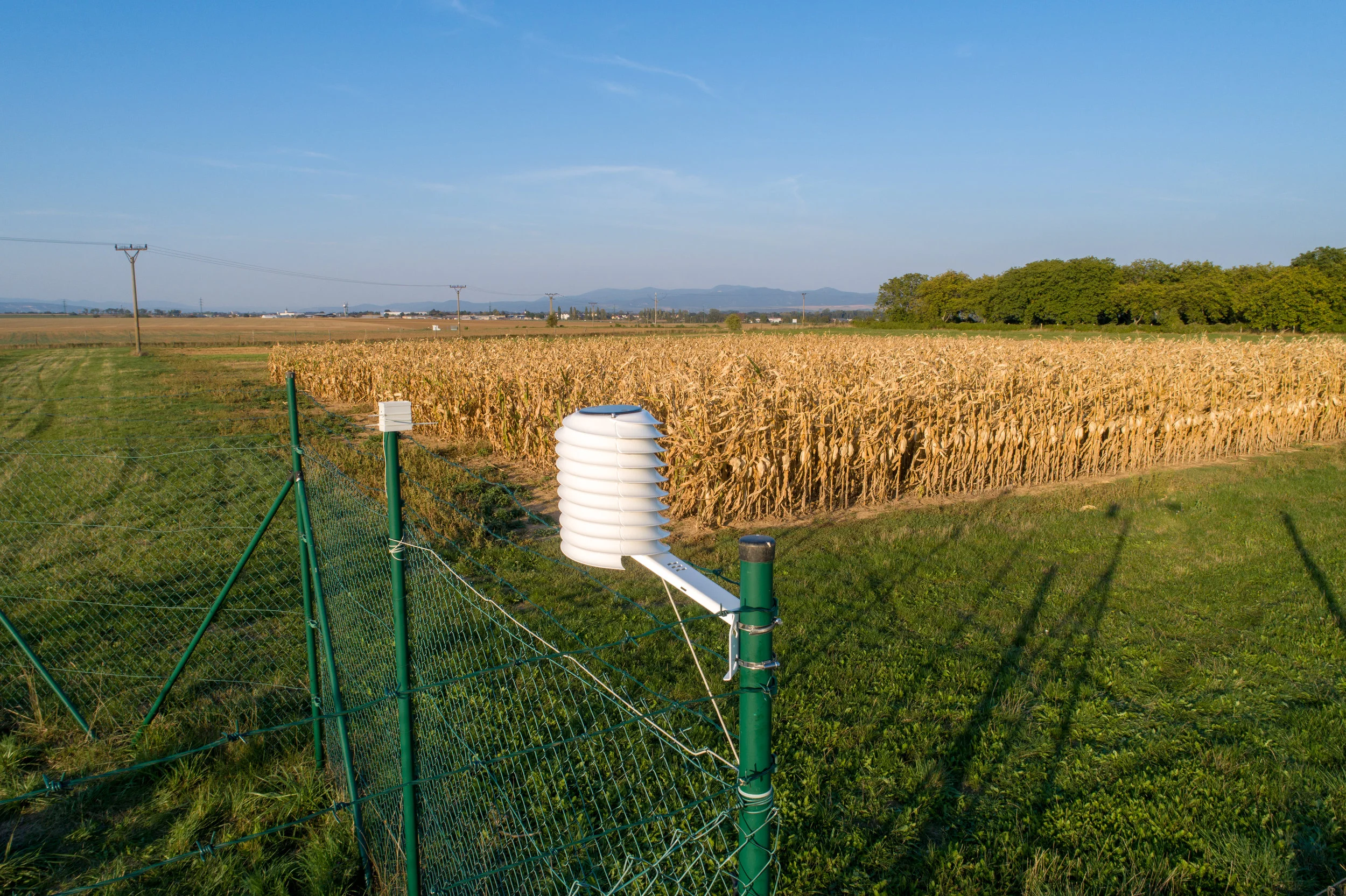 MeteoHelix agricultural weather station overlooking crop field experiments in a vandalism prone area.