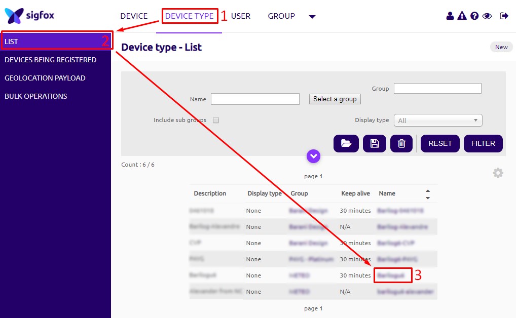 1. Select your device type in the name column