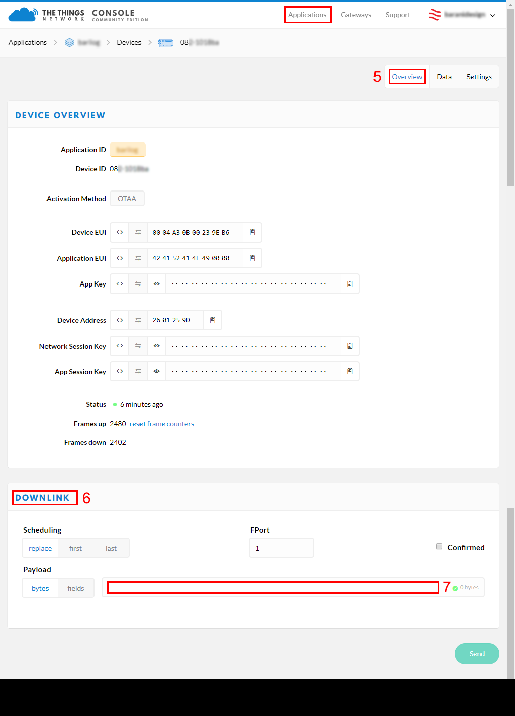 3. under device info, scroll down and fill out the downlink section and click send