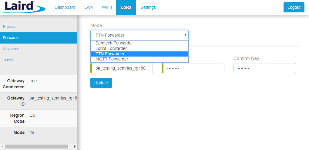 Figure 4. Select the tTN forwarder in the laird sentrius gateway web interface.