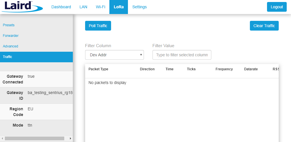 Figure 6. viewing LoRAWAN device traffic on your gateway