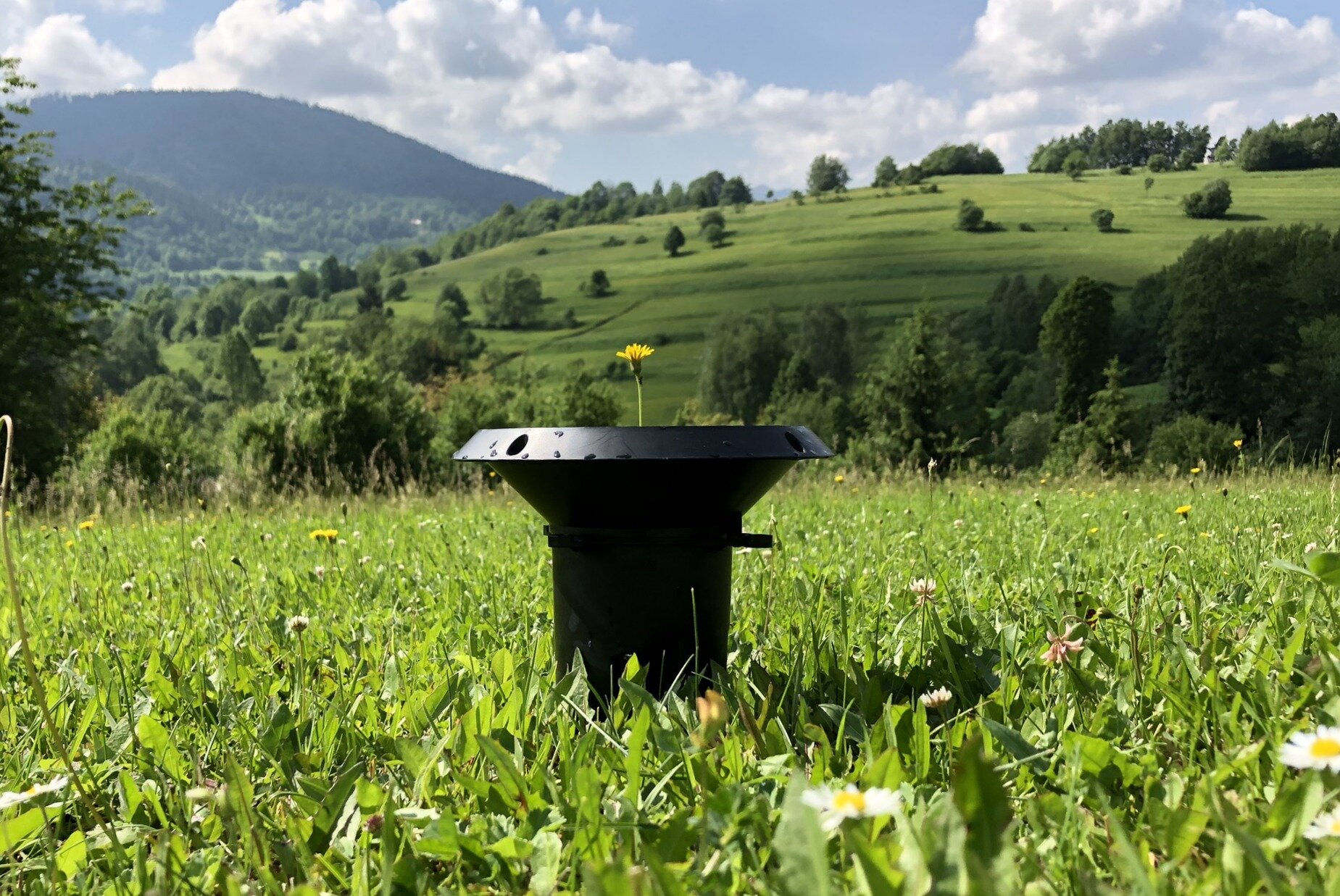 MeteoRain IoT Pro Sigfox wireless rain gauge on a meadow