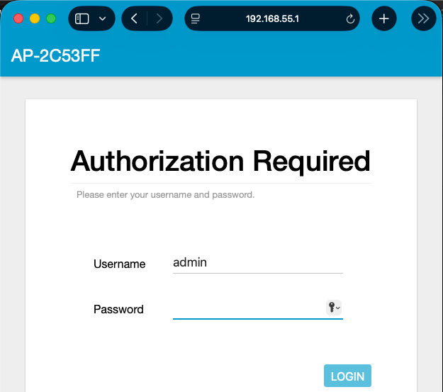 Browser showing the Gemtek Browan gateway administrator login page at 192.168.55.1, with username and password fields and a login button.