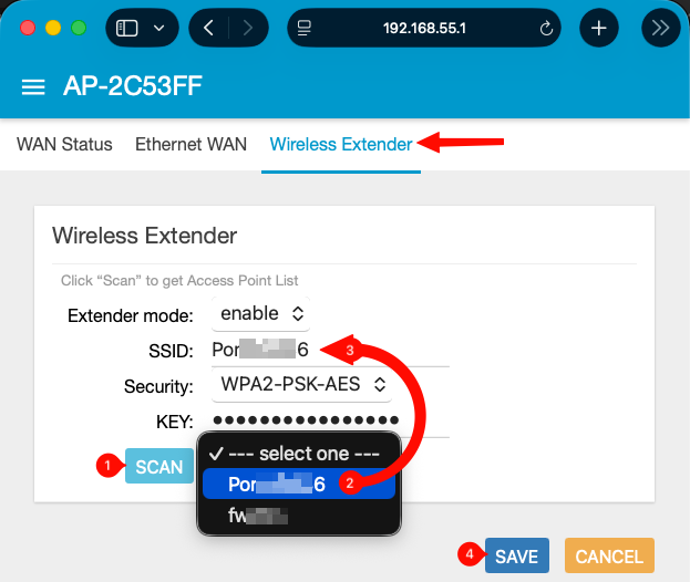 Wireless Extender settings showing the Extender mode, SCAN, SSID, Security, KEY, and SAVE controls used to store a 2.4 GHz Wi-Fi connection.