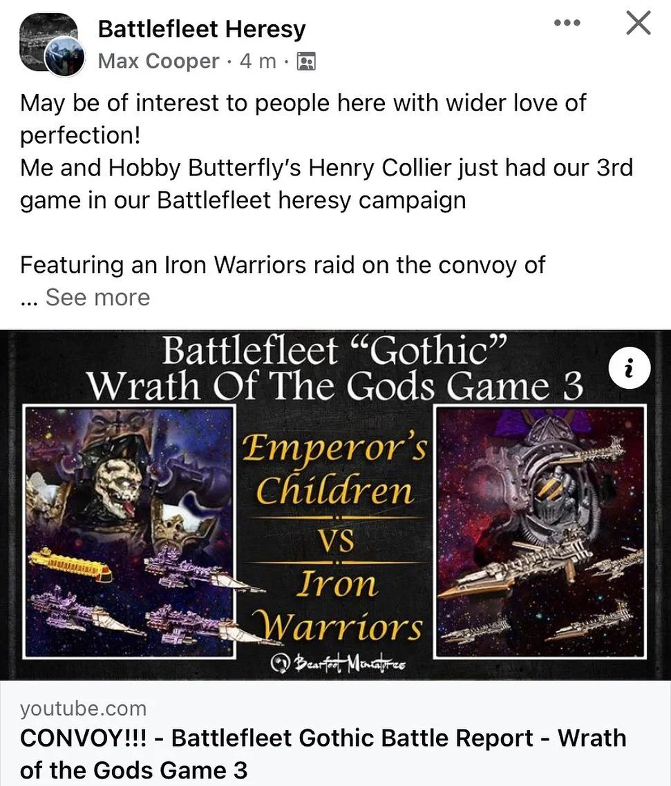 Another great game with @bearfoot_miniatures finally reaching his channel on #youtube 
Check out the video over at his page!

#thehobbybutterflies #hobbybutterflies #battlefleetgothic #battlefleetheresy #BFG #BFH #30k #horusheresy #hardforheresy #bul