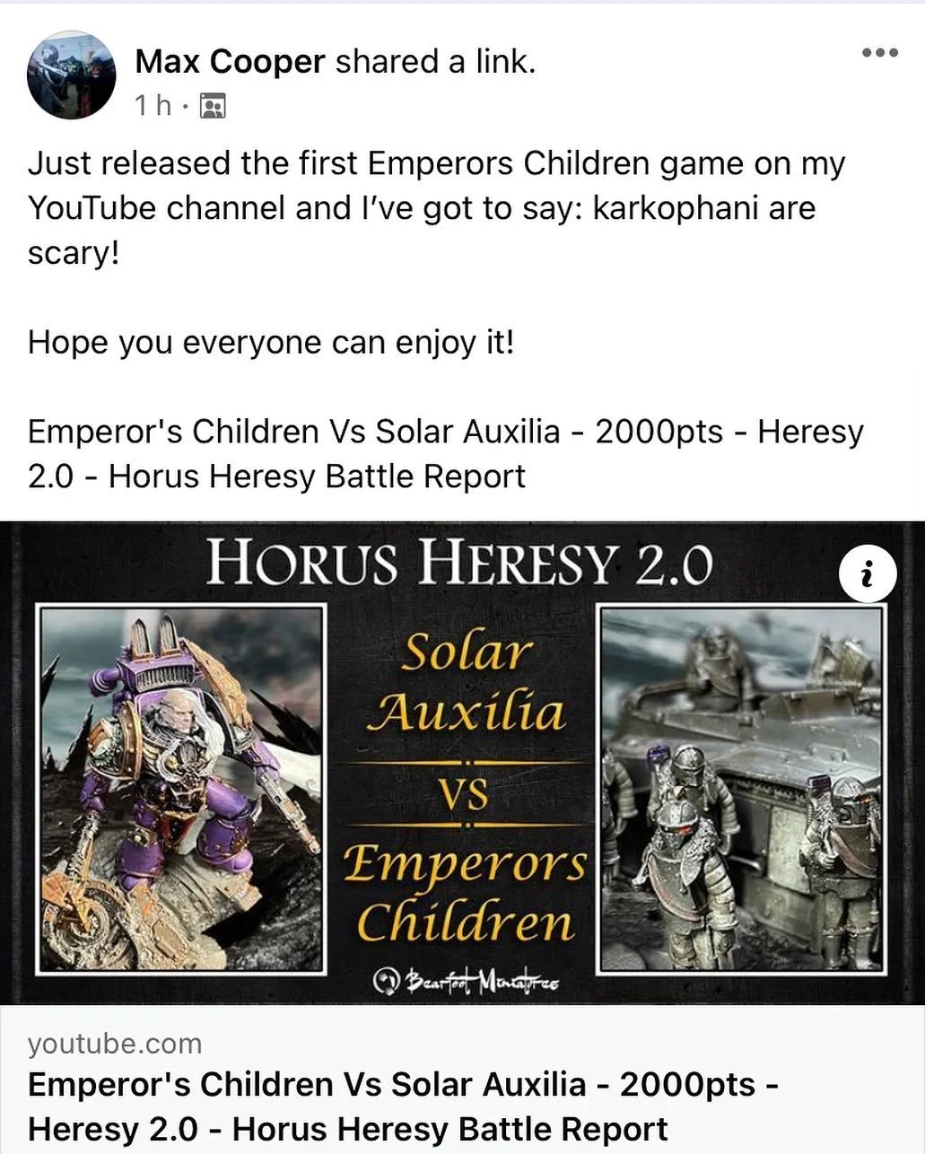 We&rsquo;re not dead! First game on @bearfoot_miniatures channel in 28mm; #emperorschildren vs #solarauxilia in #horusheresy 2.0
Great game and #kakophoni pulling their weight!

#thehobbybutterflies #hobbybutterflies #30k #horusheresy #hardforheresy 