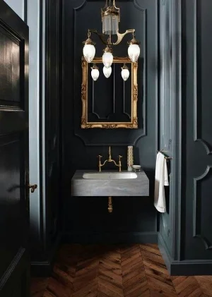 Unexpected color in a powder room (photo Corian basins)