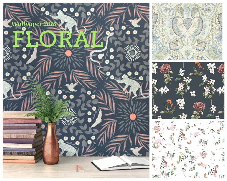 Left is Fauna Fantasia by Grow House Grow Top to Bottom Right is Tamerlane by Kravet, Dandelion & Rose and Blu