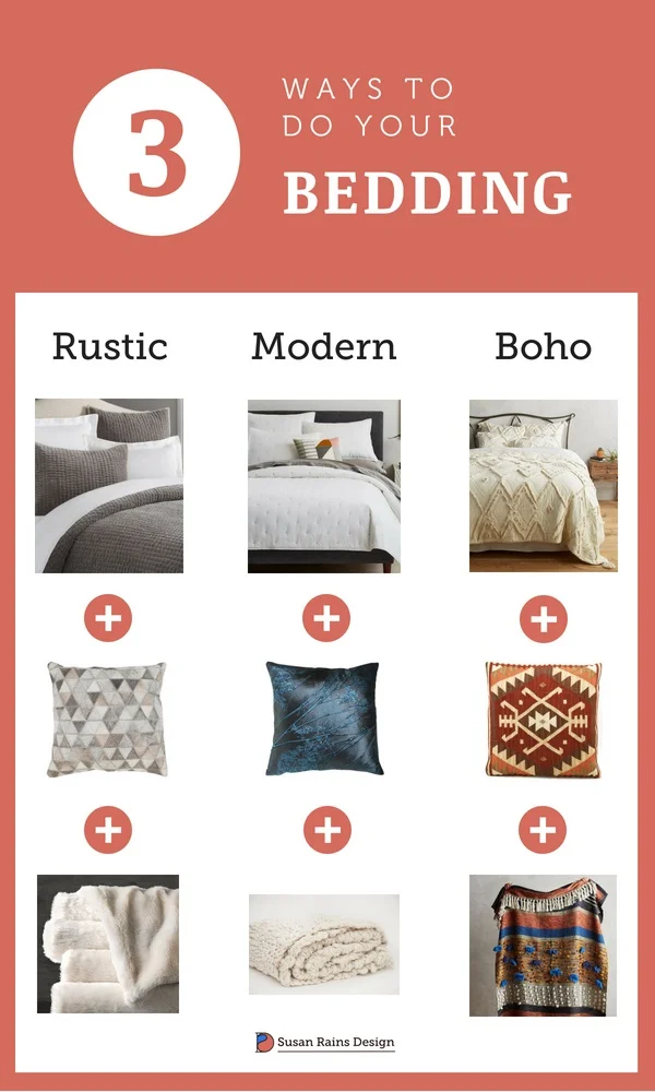 Rustic- Velvet Linen Stitch Quilt by Pottery Barn, Aviston Rustic Lodge Triangle Hair on Hide Pillow by Kathy Kuo Home, Luxe Faux in Artctic Fox by Restoration Hardware. Modern- Organic Washed Cotton Quilt by West Elm, Analia Navy Pressed Flower Pillow by Kathy Kuo Home, Flam Throw in Cream by Tribe & Co Living throw. Boho- Aldalora Quilt by Anthropology, Beren Rust Orange Beige Killim Pillow by Kathy Kuo Home, Collaged Majidaa Throw by Anthropology